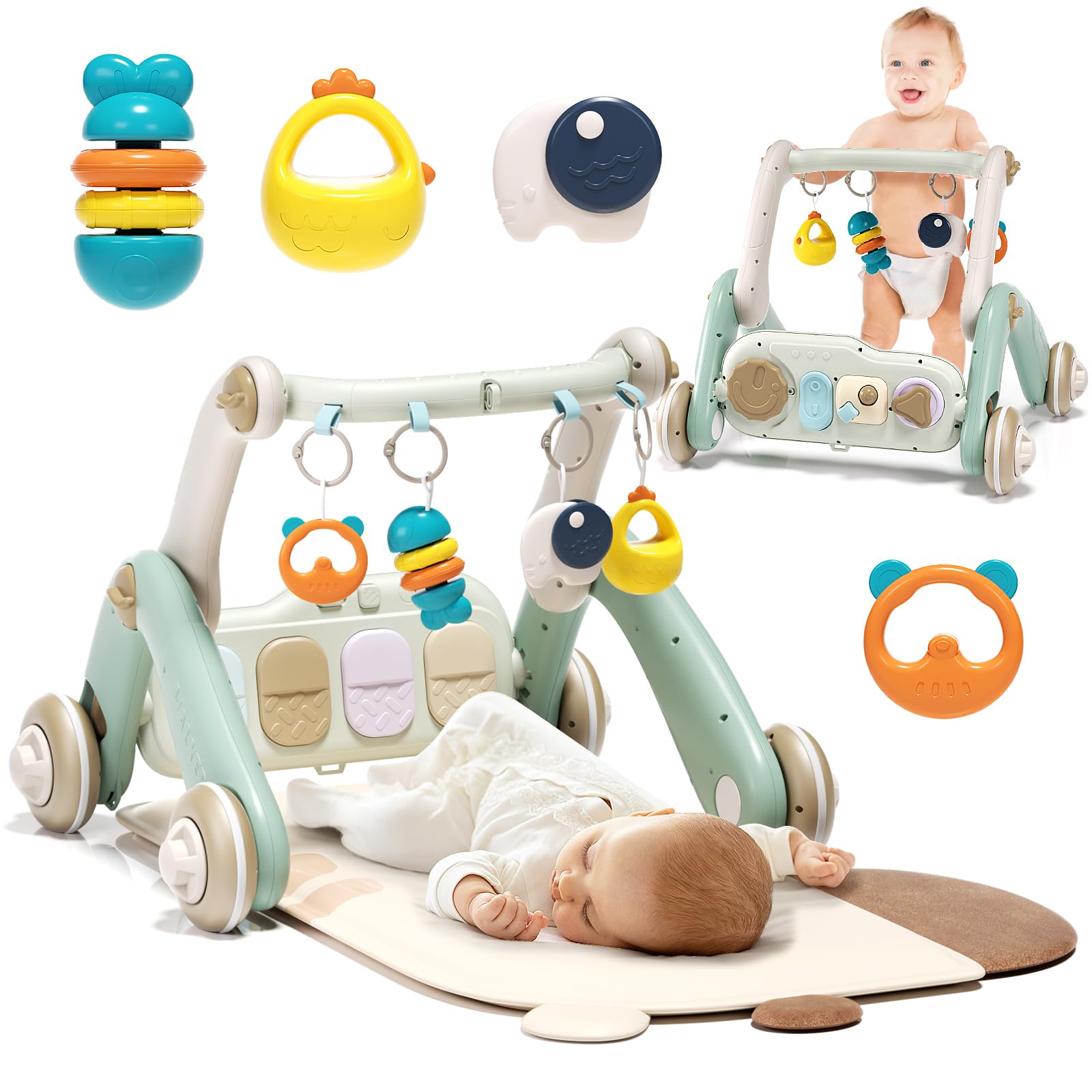2 in 1 Baby Gym & Walker for 0-24 Months - Multifunctional Play Mat with 4 Sensory Toys & Removable Piano Panel - Sit-to-Stand Learning Activity Center for Boys & Girls (White) - Perfect for Nursery Playtime & Early Childhood Development