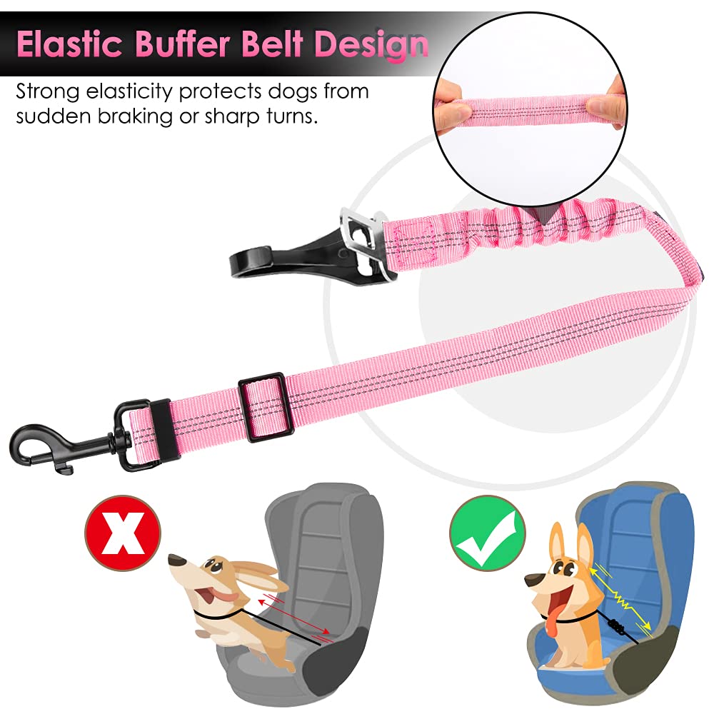 SlowTon Adjustable Dog Seat Belt for Car Safety - 2-in-1 Latch Bar Attachment with Elastic Bungee & Reflective Nylon Leash - Secure Pet Harness Connection (Pink) - Perfect for Road Trips & Daily Commutes
