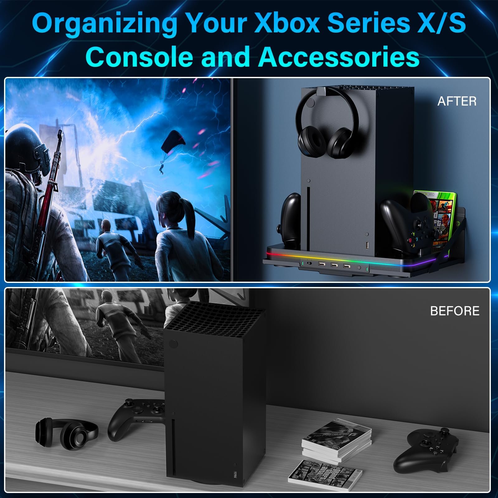 Luckit Vertical Wall Mount & Cooling Charging Stand for Xbox Series X/S - Dual Controller Charger Station with Cooling Fan, 3 USB Ports & 2 Headset Stand - Perfect for Gaming Setup & Console Organization