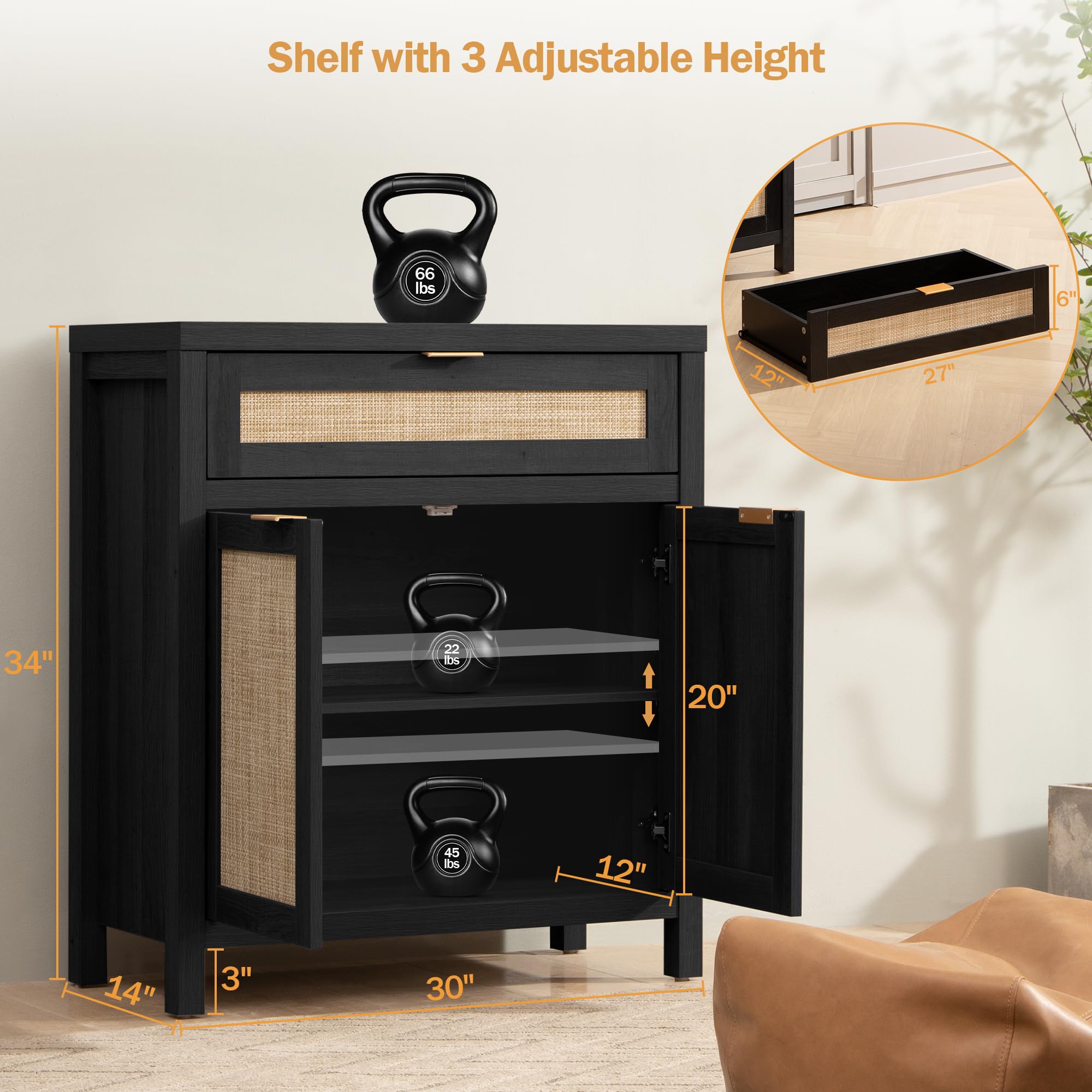 SICOTAS Modern Rattan Sideboard Buffet Cabinet with Doors & Drawer - Entryway Storage, Living Room Console Table, Coffee Bar Organizer - Black Accent Furniture for Home Decor