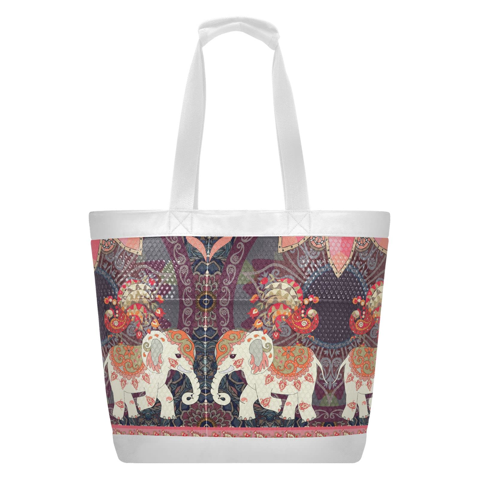 Exotic Elephants & Peacocks Mesh Beach Tote Bag - Large Waterproof Sandproof Beach Bag for Women, Pool, Gym & Sports | Perfect for Summer Vacation, Travel & Outdoor Activities