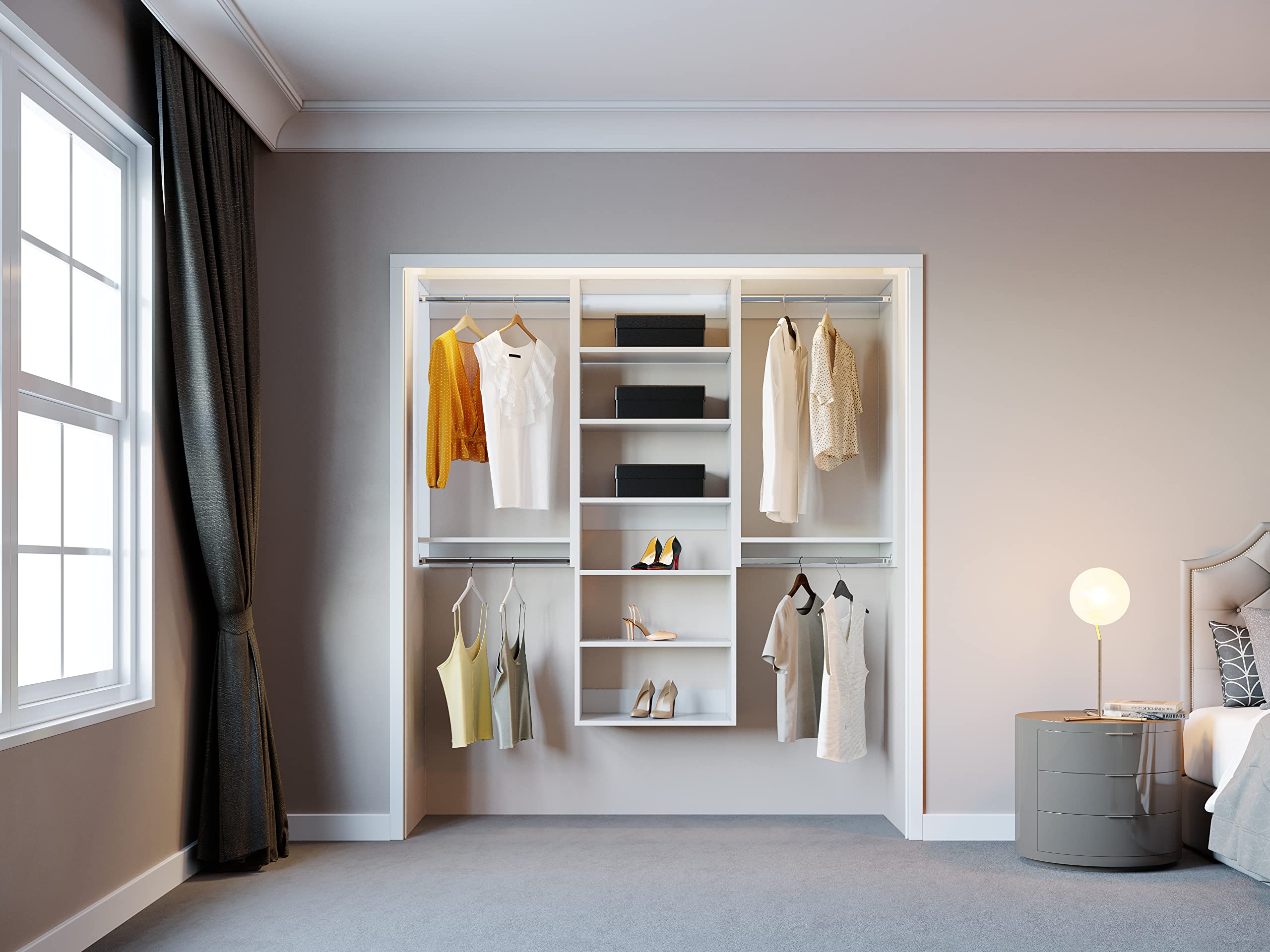 White 66-Inch Wide Closet Kit with Hanging Rods & Shelves - Space-Saving Corner Closet Organizer System - Perfect for Bedroom, Walk-In Closet & Home Storage Organization