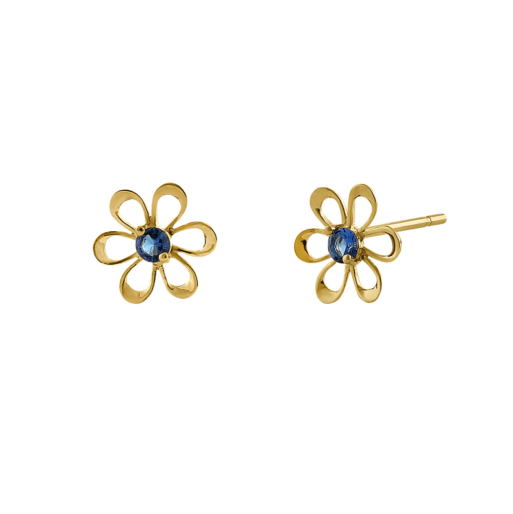14K Yellow Gold Vintage Floral Blue Sapphire & CZ Stud Earrings for Women - Elegant Gift for Birthday, Anniversary & Special Occasions