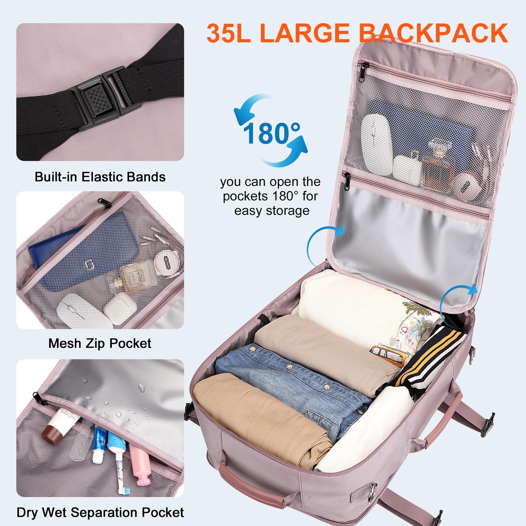 PIJUSHI Women's Light Purple Travel Backpack - 16 Inch Flight Approved Carry-On Laptop Backpack with Shoe Compartment & USB Charging Port (PE038) - Perfect for Business Trips, College Commute & Weekend Getaways