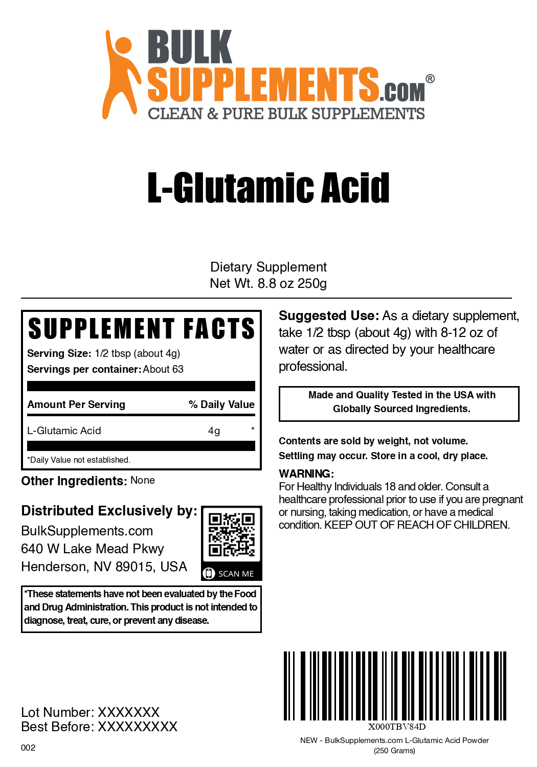 Premium L-Glutamic Acid Powder - Pure Amino Acid Supplement for Muscle Recovery & Brain Health | Vegan, Non-GMO | Perfect for Post-Workout & Cognitive Support