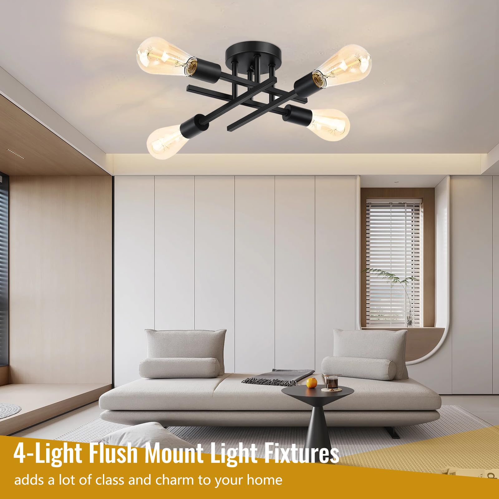 4-Light Modern Ceiling Light Fixture - Black Sputnik Chandelier with Stable Structure, Semi Flush Mount for Dining Room & Kitchen, E26 Base | Perfect for Modern Home Decor, Restaurant Lighting & Office Spaces