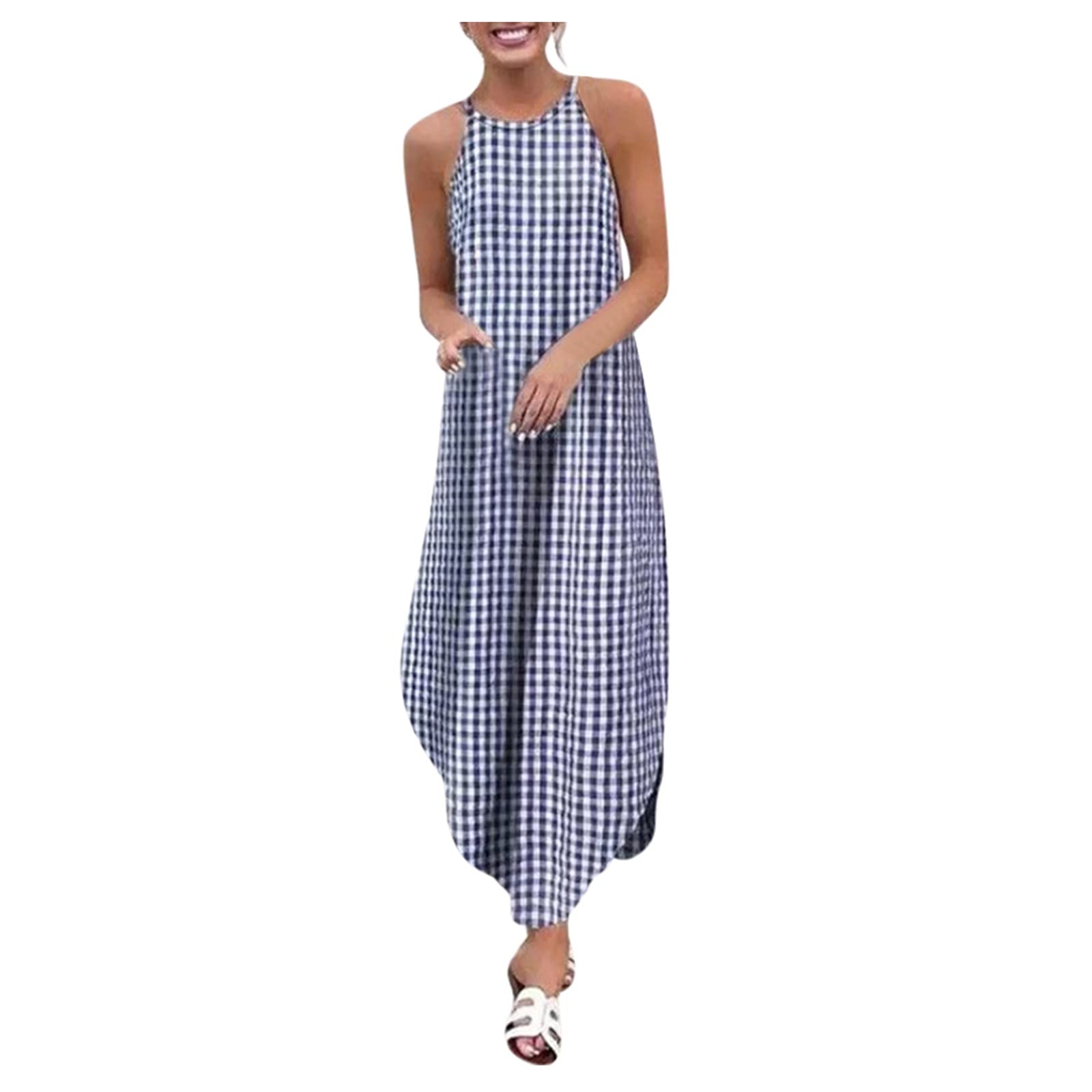 Women's Summer Casual Plaid Print Round Neck Sling Dress - Breathable & Stylish for Beach, Vacation, and Everyday Wear