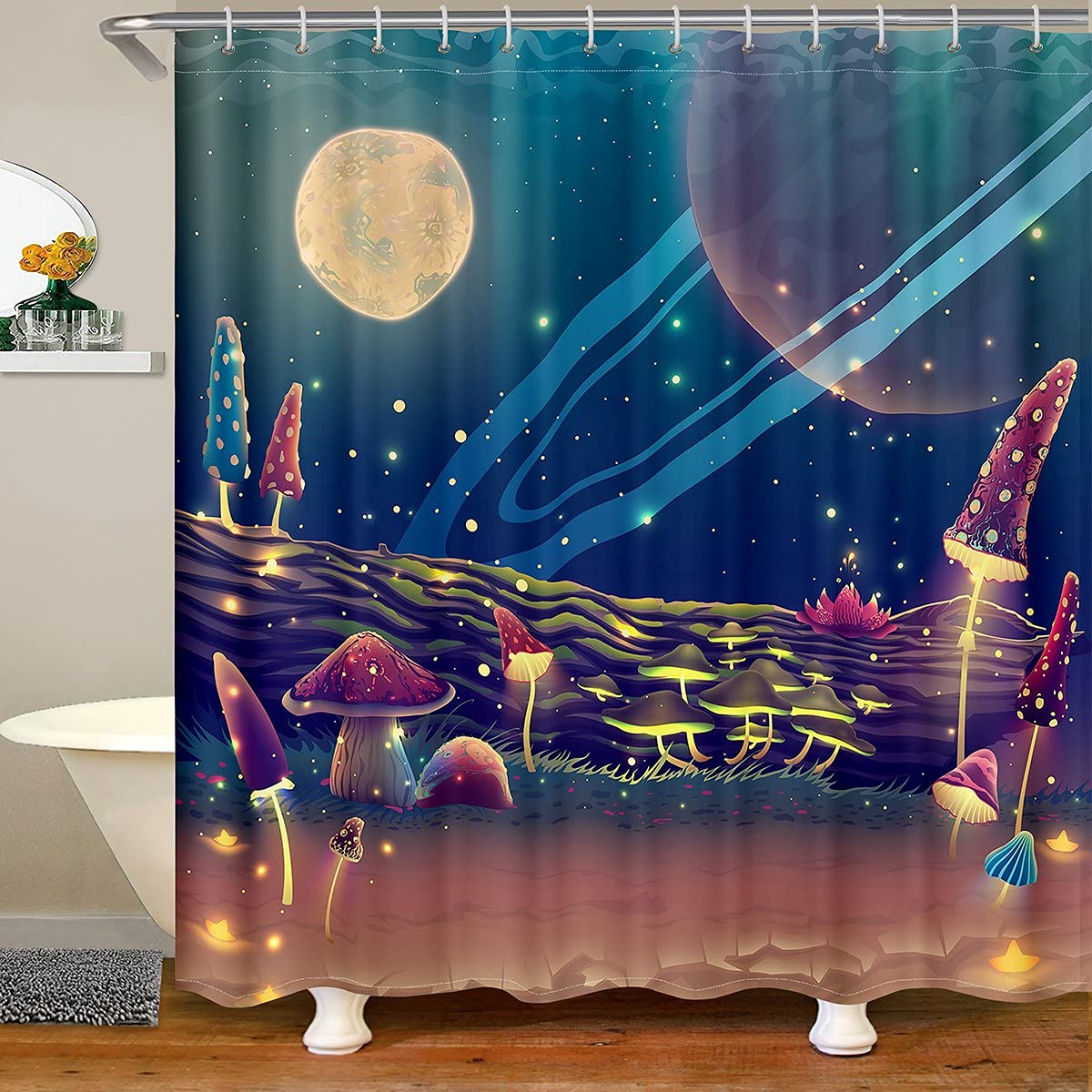 Kids Fantasy Mushroom Shower Curtain with Fireflies & Planets - 72x78 Inch Waterproof Polyester Bathroom Decor for Boys, Girls & Teens - Perfect for Themed Bedrooms, Playful Bathrooms & Whimsical Home Decor