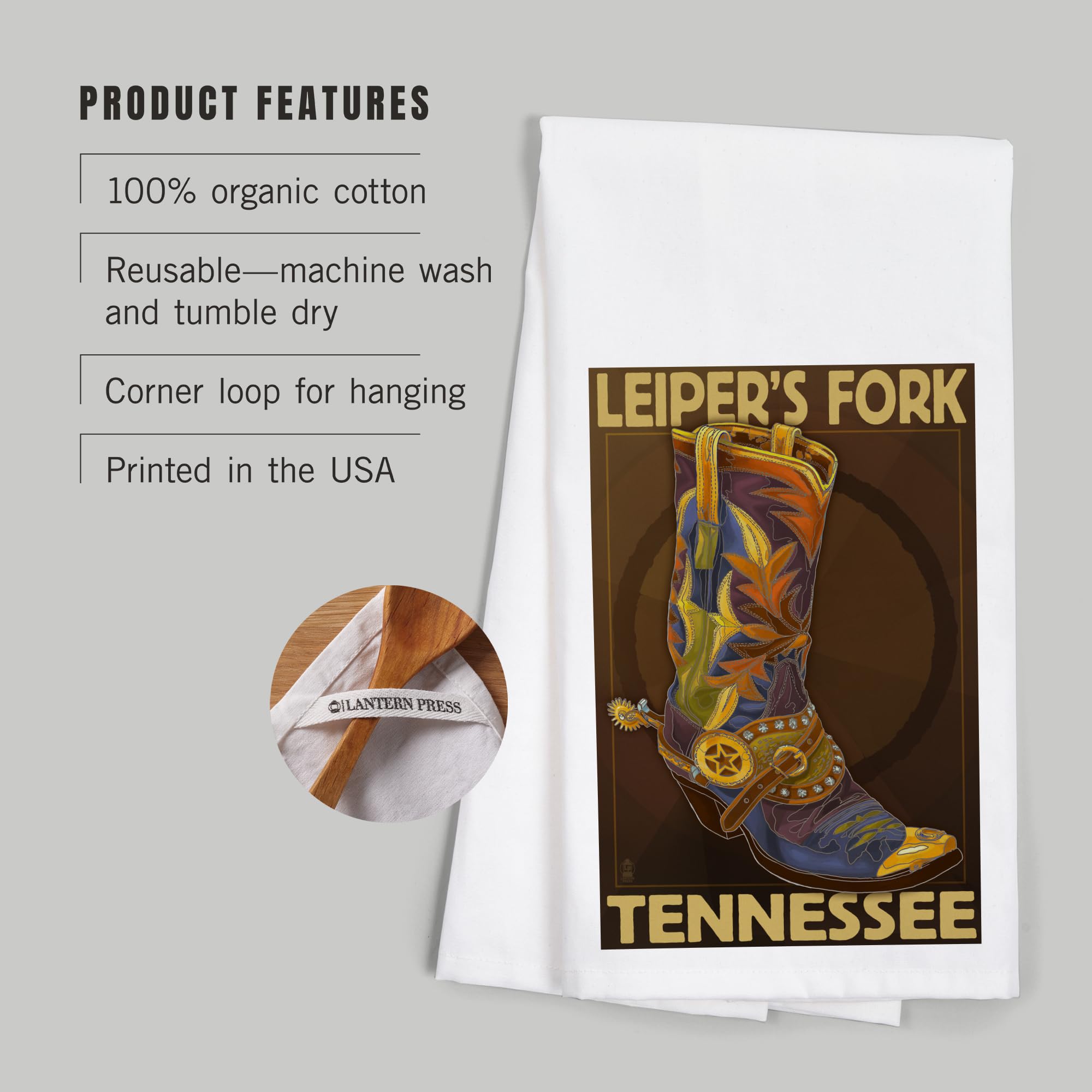 Leiper's Fork Tennessee Cowboy Boot Tea Towel - 100% Cotton Decorative Hand Towel for Kitchen & Home Decor | Perfect for Western Themed Kitchens, Farmhouse Decor, and Cowboy Gift Ideas
