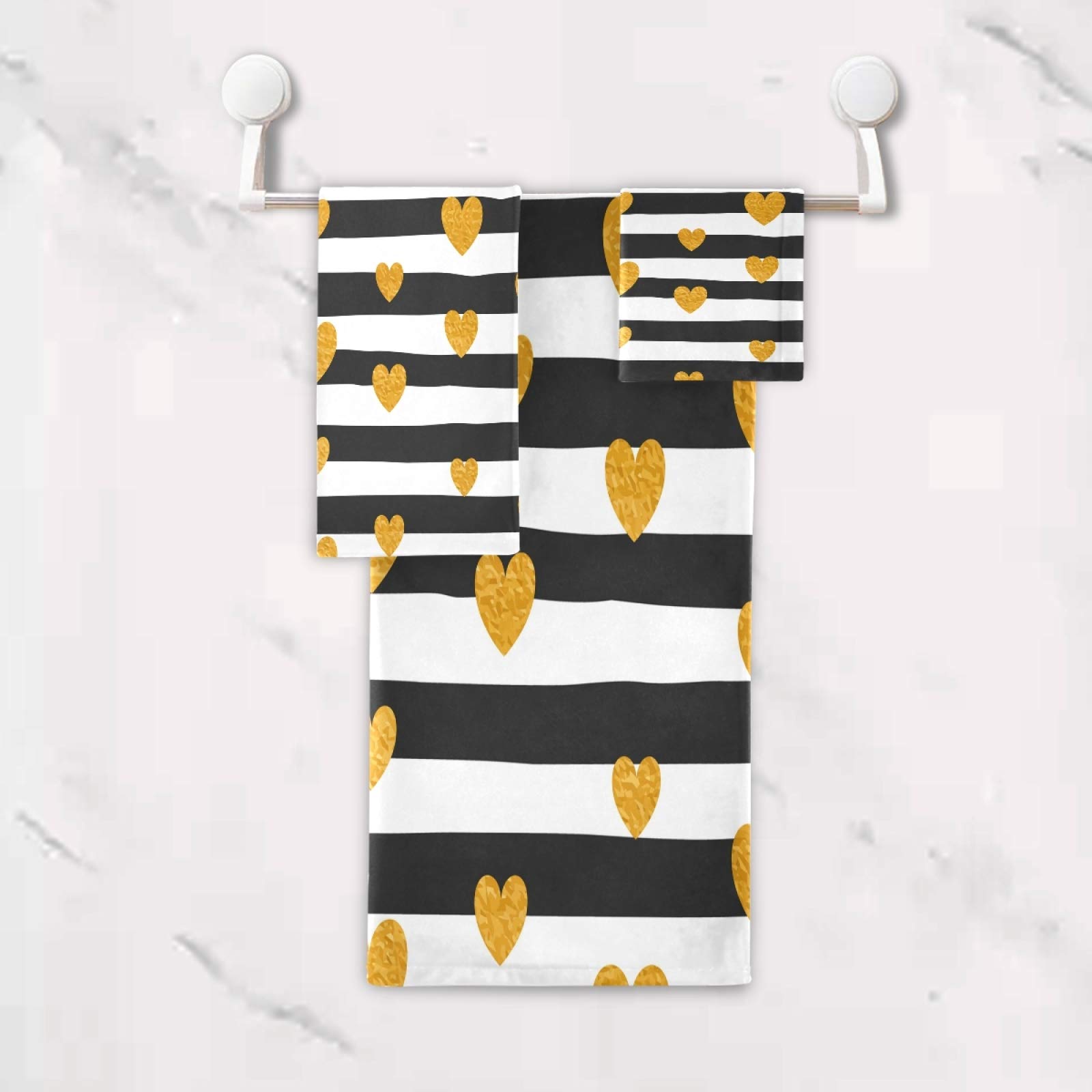 Premium Gold Hearts Bath Towels Set - Ultra Absorbent & Soft Luxury Towels for Home, Spa, and Hotel Decor - 3 Piece Bath, Hand, and Washcloth Set - Perfect for Gifts, Guest Bathrooms & Cozy Self-Care Moments