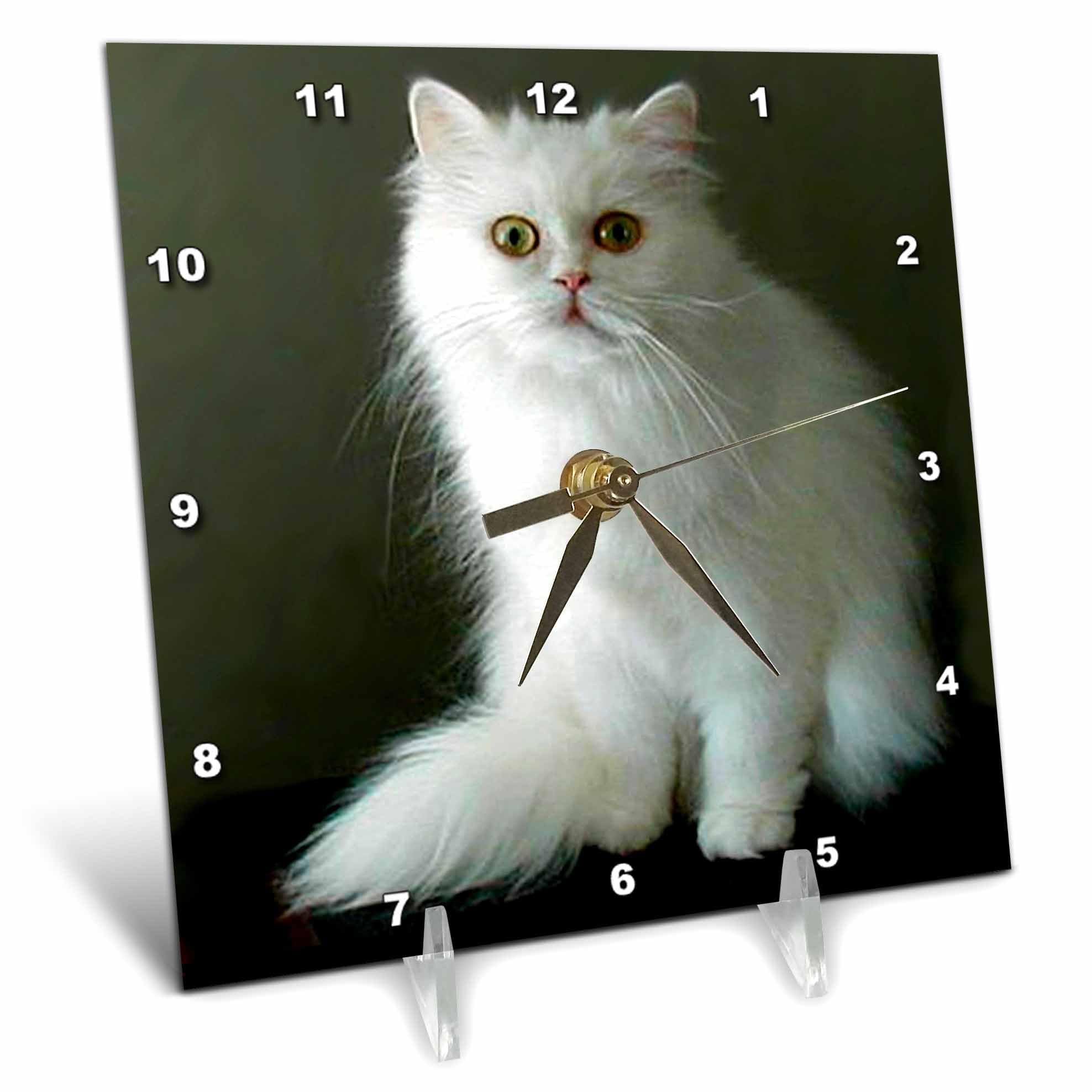 3D White Persian Cat Design Desk Clock - 6x6 Inches, Elegant Home & Office Decor, Perfect Gift for Cat Lovers - Ideal for Desks, Bookshelves, and Living Room Decorations