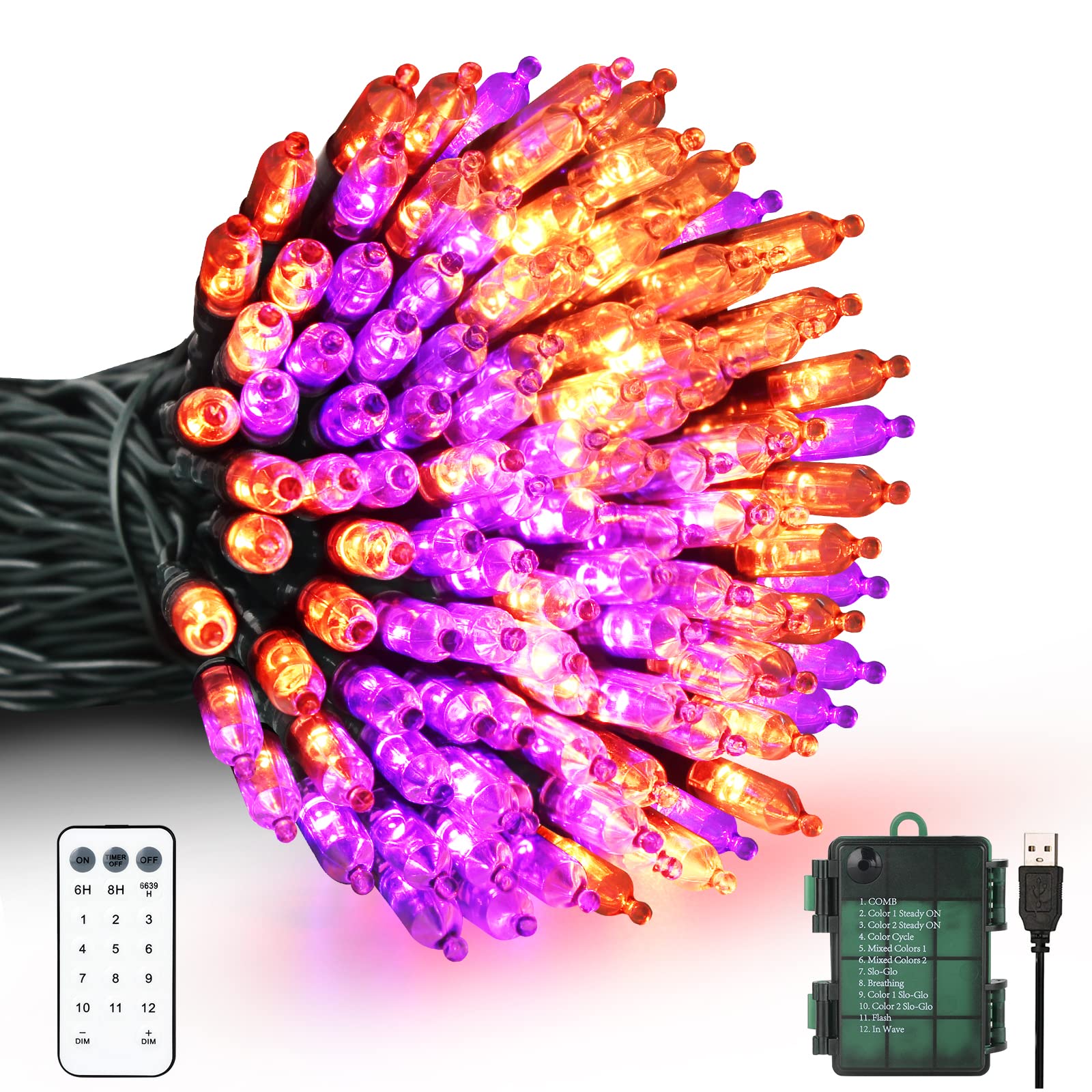 Orange & Purple Halloween String Lights - 33FT 100 LED USB/Battery Powered with Remote, Timer & 12 Lighting Modes | Indoor/Outdoor Halloween Decorations for Party, Yard, Porch, Window & Home Decor