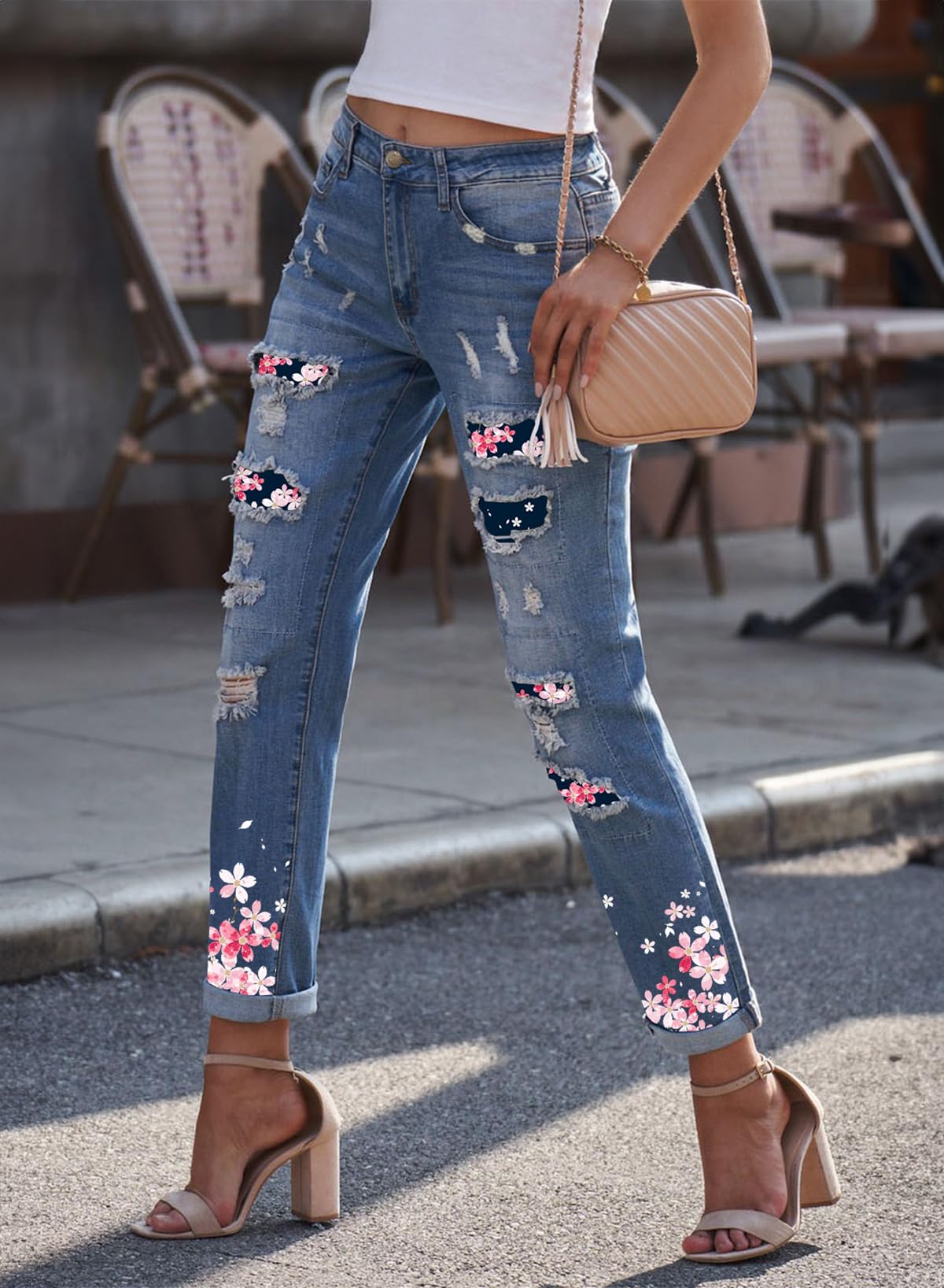 EVALESS Women's Ripped Boyfriend Jeans - Distressed Skinny Denim Pants with Plaid Patch Design | Casual Streetwear, Weekend Outfits & Fashion Styling