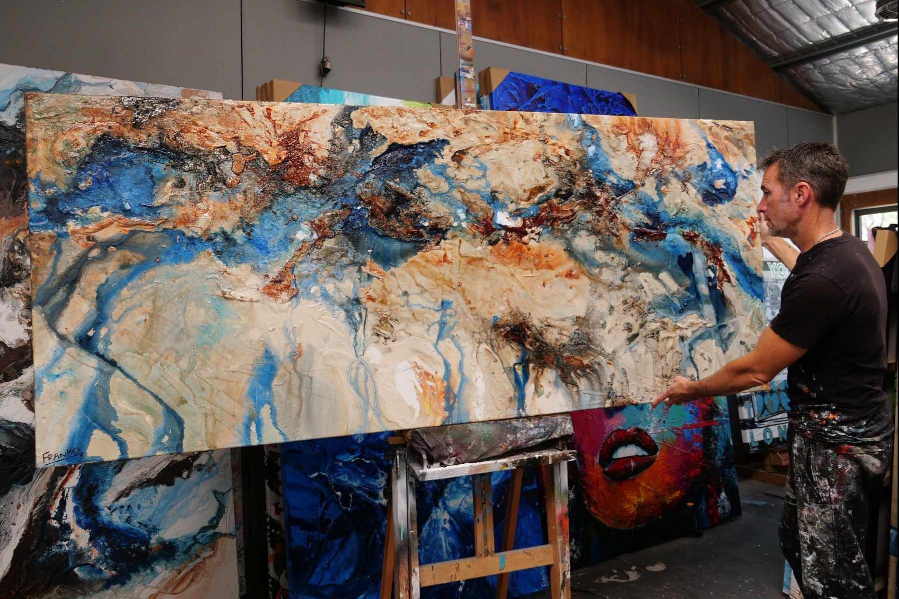 240cm x 100cm Cream Blue Textured Abstract Canvas Wall Art - Modern Australian Painting for Living Room & Bedroom Decor