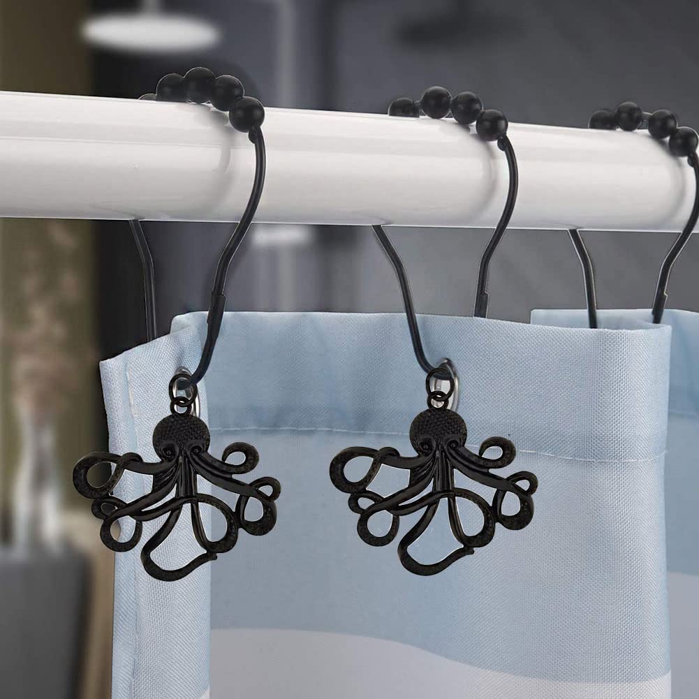 Rust-Proof Stainless Steel Octopus Shower Curtain Hooks - Set of 12 Black Nautical-Themed Bathroom Decor Accessories with Funny Sea Creature Design | Perfect for Coastal, Beach, or Ocean-Themed Bathrooms