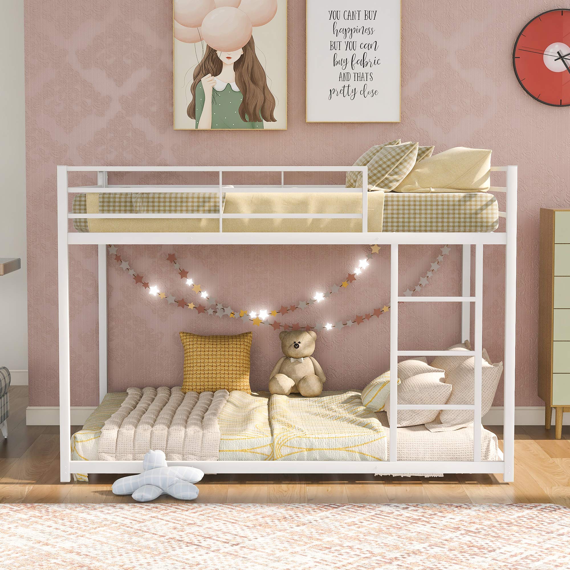 Sturdy Metal Bunk Bed Frame with Safety Rails & Flat Ladder - Full Size Low Profile Bunk Bed for Kids, Teens & Adults - No Box Spring Needed (White) - Perfect for Dorm Rooms, Kids' Bedrooms & Space-Saving Home Solutions