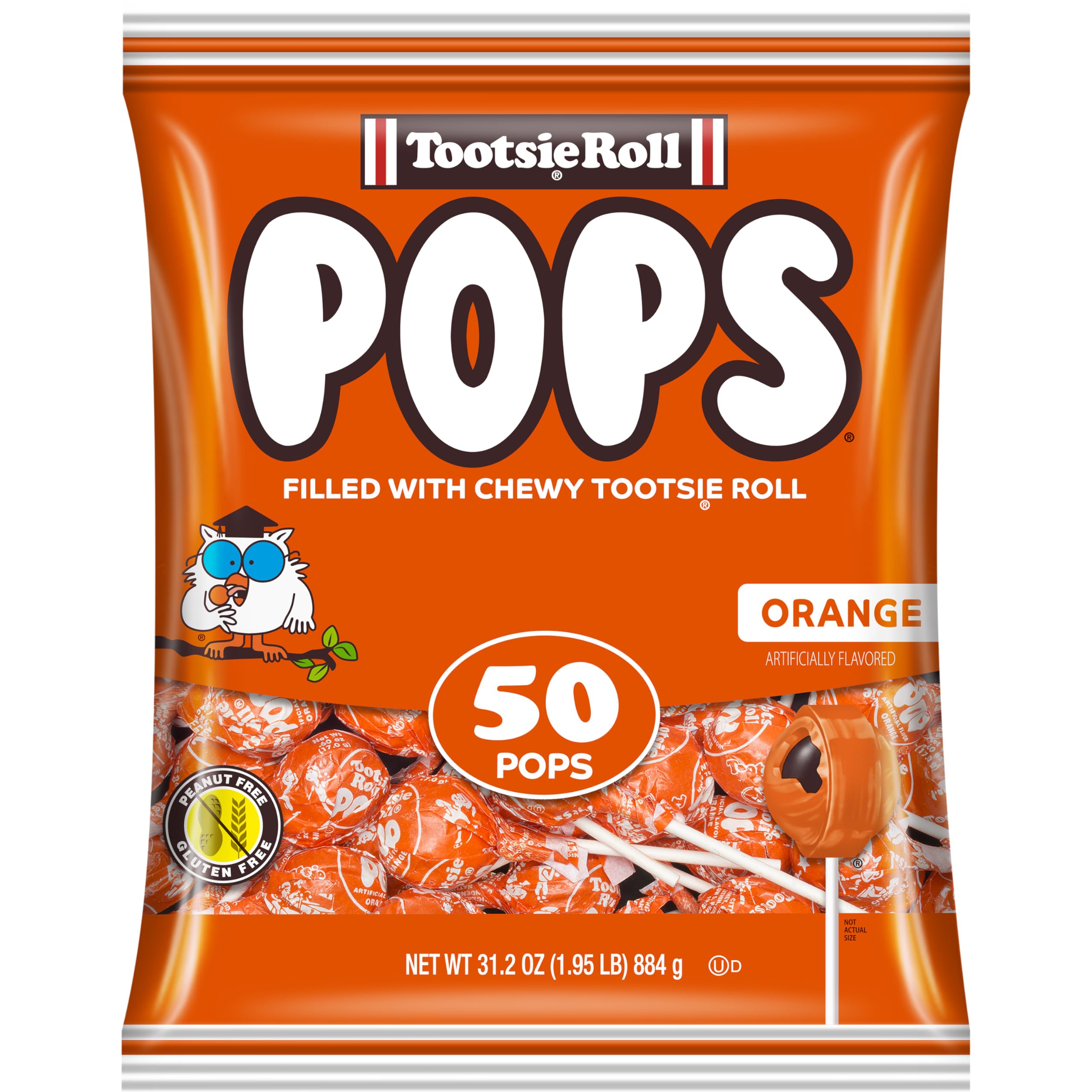 Tootsie Pops Orange Flavored Lollipops with Chocolate Center - 50 Individually Wrapped Hard Candies - Peanut Free, Gluten Free - Perfect for Halloween, Party Favors, Office Treats & Everyday Snacks