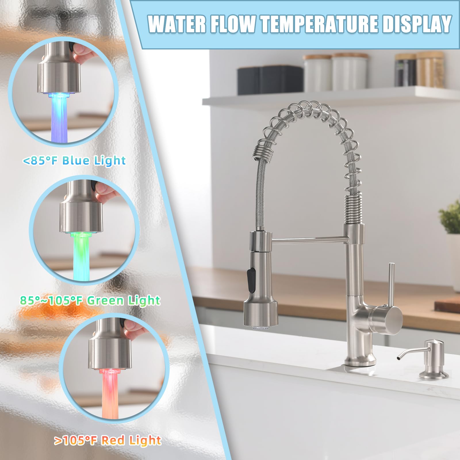 Modern LED Kitchen Faucet with Pull Down Sprayer & Soap Dispenser - Perfect for Cooking & Cleaning