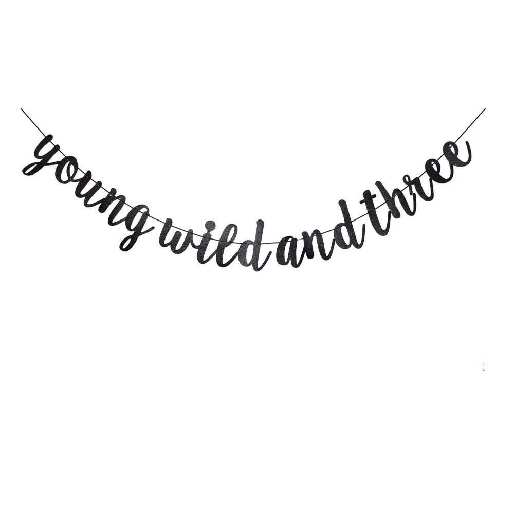 Black Birthday Party Sign Bunting for 3rd Birthday - Young Wild and Three Banner Decorations for Boys or Girls | Perfect for Birthday Parties, Baby Showers & Nursery Decor