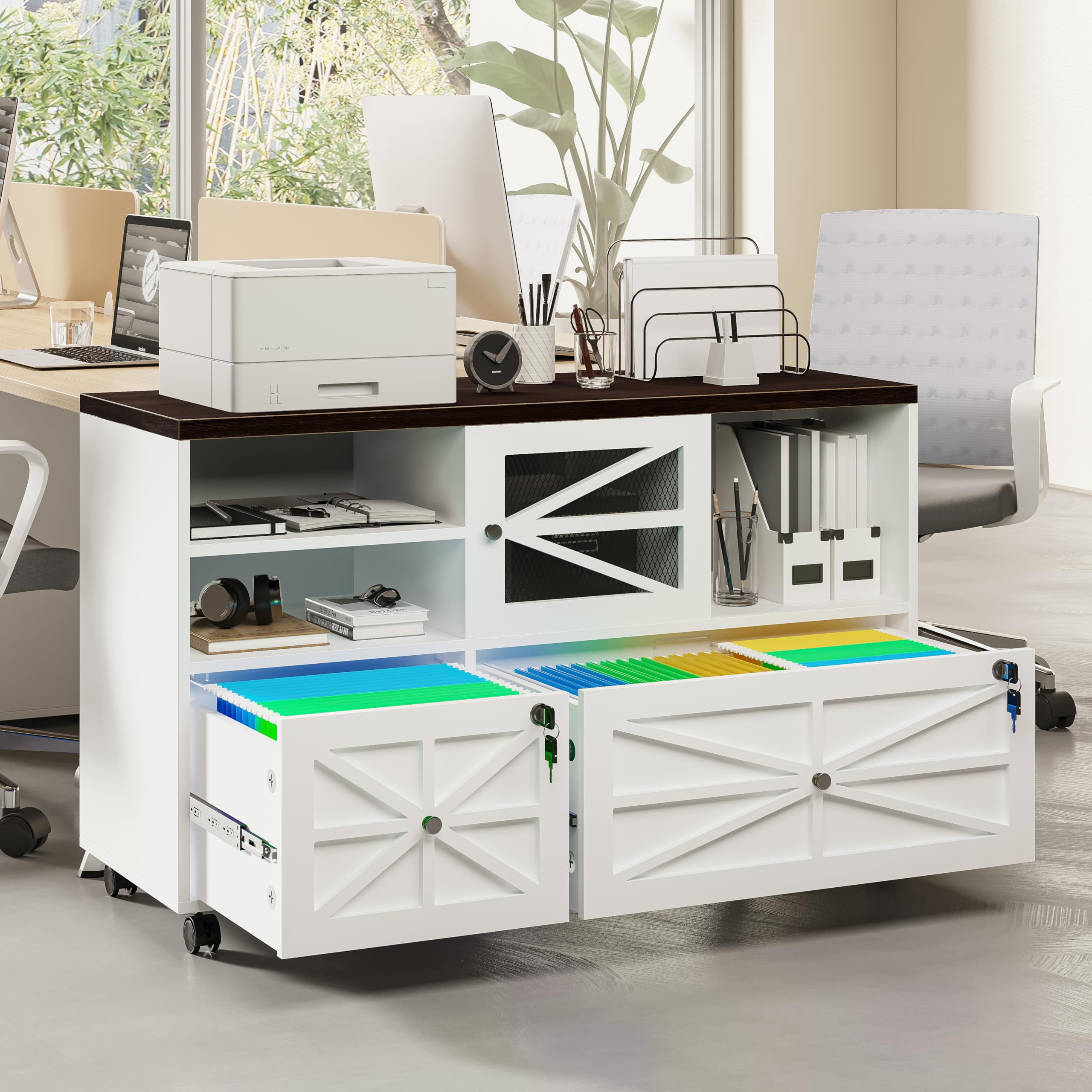 2-Drawer Locking File Cabinet with Wheels - Adjustable Shelf for Letter, Legal, F4 & A4 Files - Home Office Storage Solution for Documents & Supplies (White & Brown) - Perfect for Small Spaces & Shared Workspaces