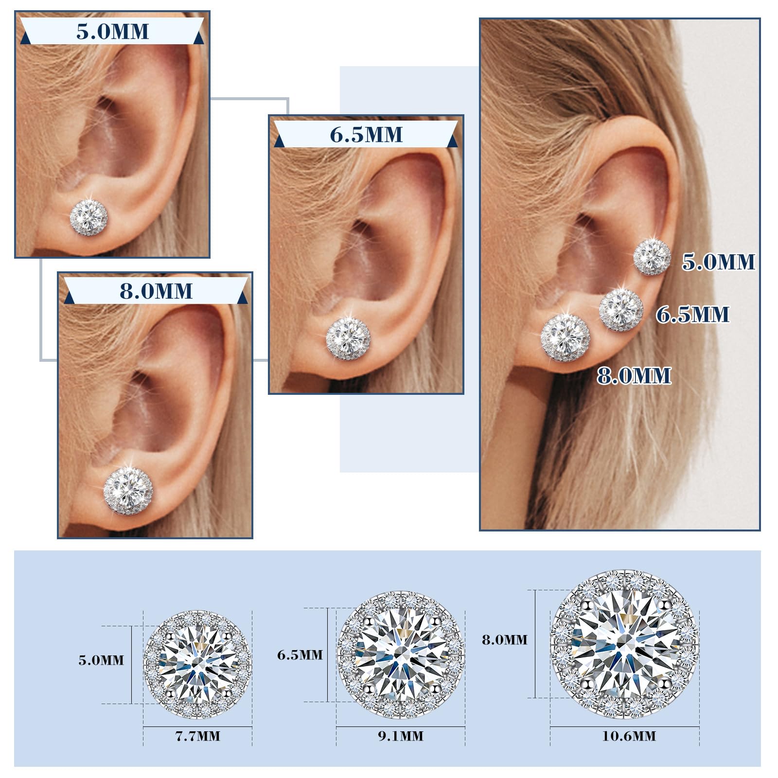 Moissanite Halo Stud Earrings 0.2-4 Carats (3-8mm) - 18k Gold Plated 925 Sterling Silver - D Color VVS1 Round Cut - Wedding, Anniversary & Mother's Day Gifts for Women & Men - Perfect for Bridal Jewelry, Date Night & Special Occasions