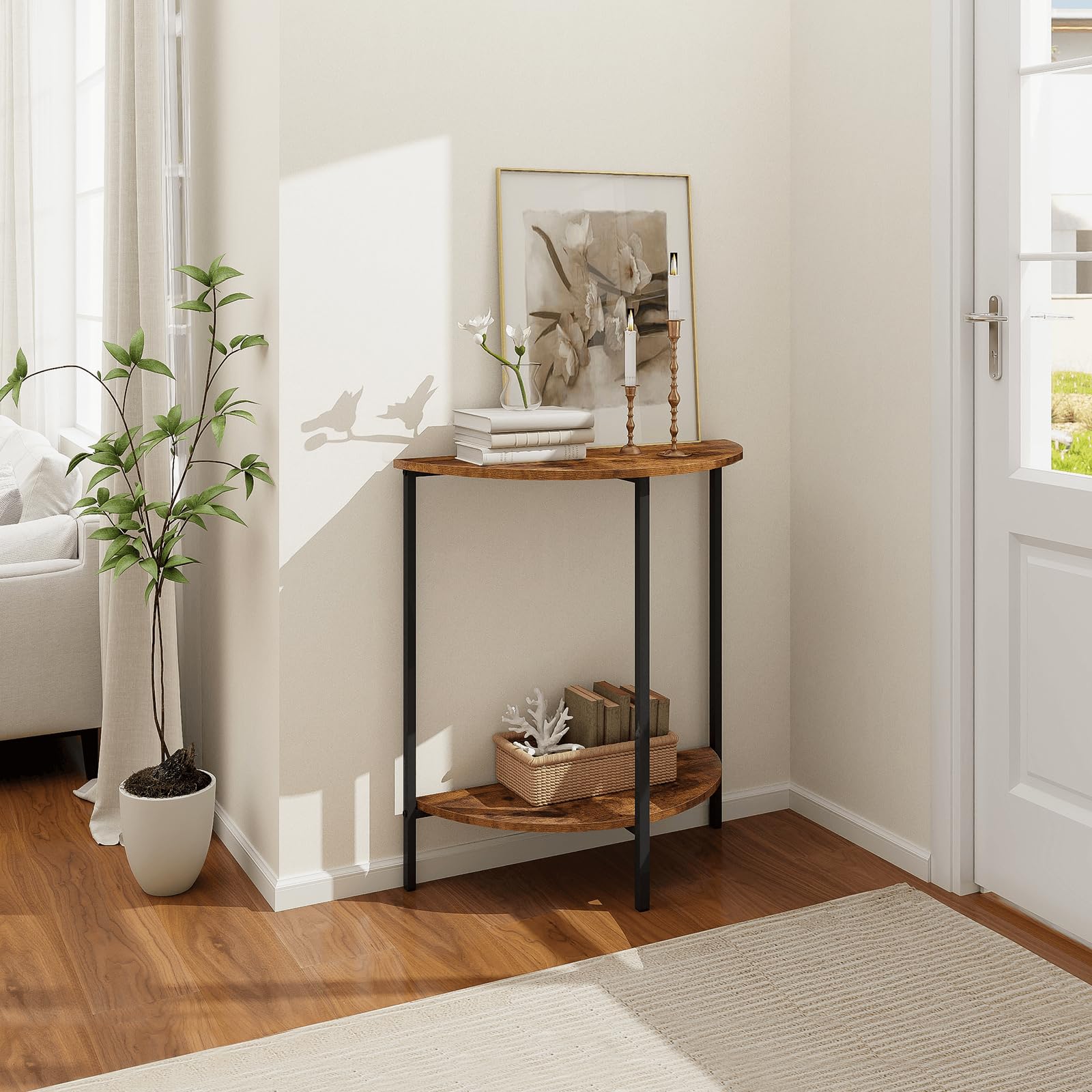 Homode Half Moon Entryway Table - Small Narrow Half Round Console Table for Hallway, Living Room & Front Entrance - Rustic Brown & Black Wooden Sofa Table - Perfect for Small Spaces, Apartments & Cozy Home Decor