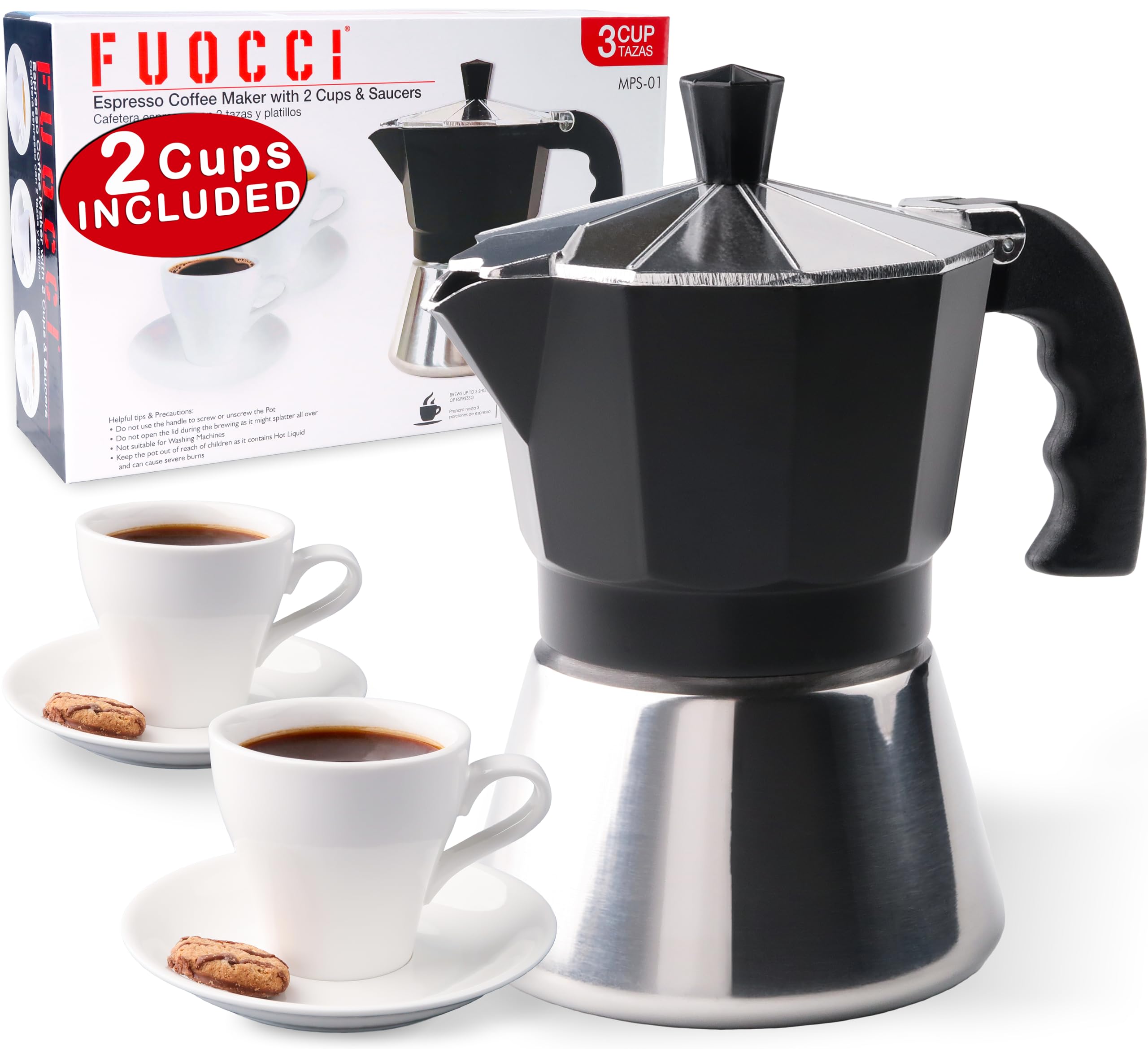 Italian Stovetop Espresso Maker 3 Cup - Moka Pot Coffee Maker with 2 Ceramic Cups, Stainless Steel 6oz Cafetera Cubana for Perfect Cuban Coffee - Ideal for Home Brewing, Camping & Gifts