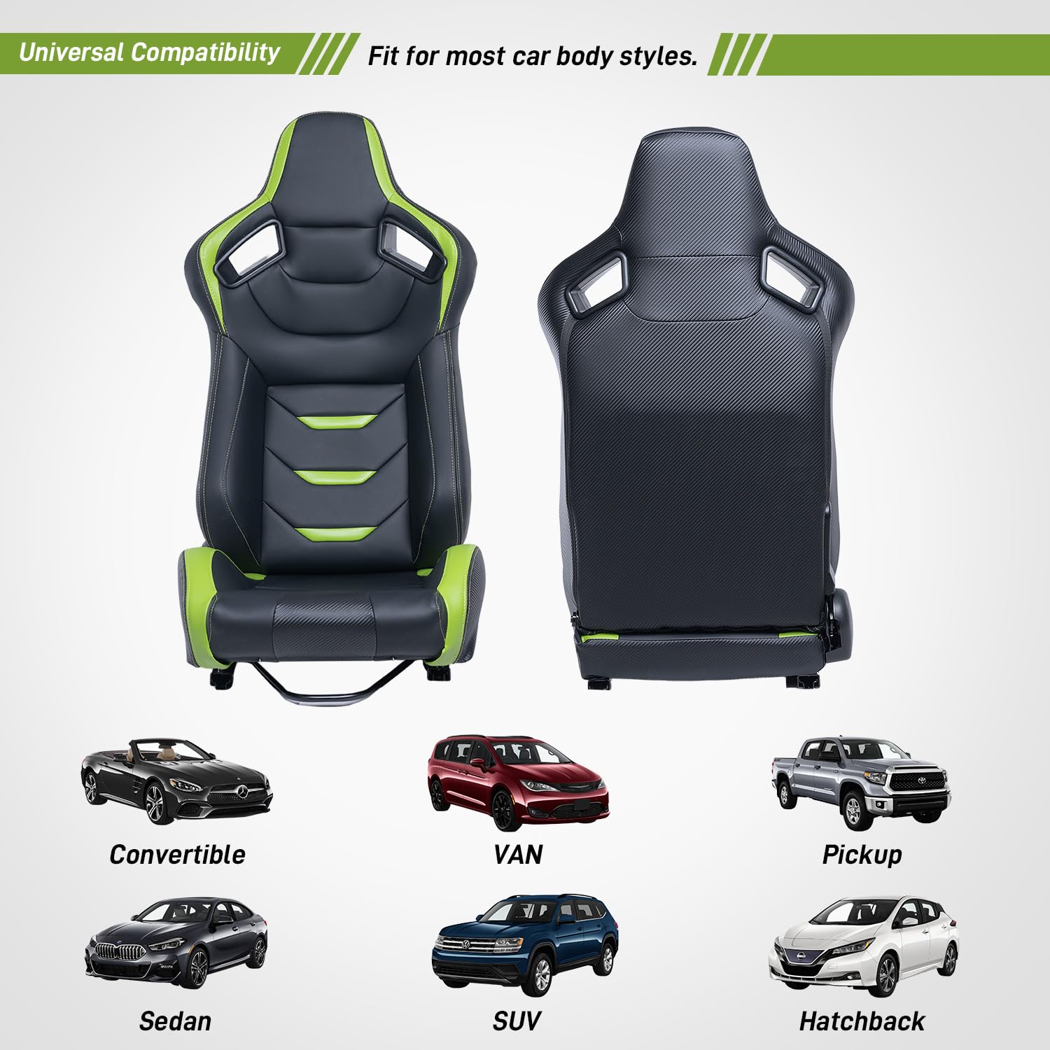 2 Pcs Reclinable Racing Bucket Seats with Adjustable Sliders - Universal PU Leather Sport Car Seats (Black Green, 36.6