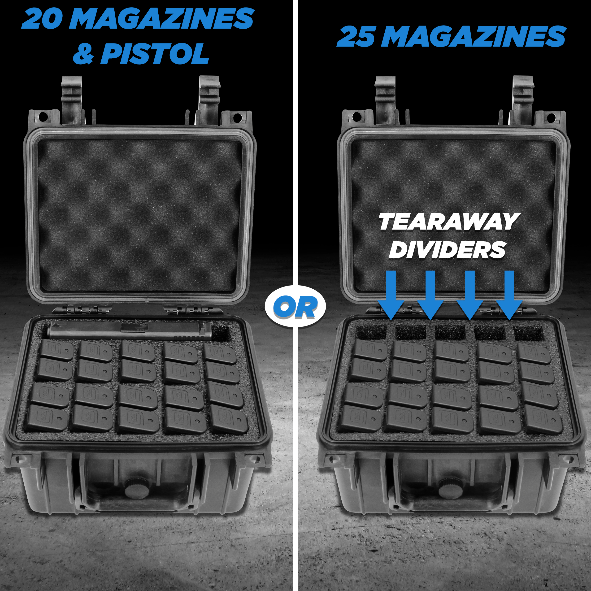 CASEMATIX 25 Pistol Magazine Storage Case - Waterproof Gun Magazine Holder for 25 9mm Magazines or 20 Mags + 1 Pistol | Durable Protective Case for Range, Travel & Secure Storage
