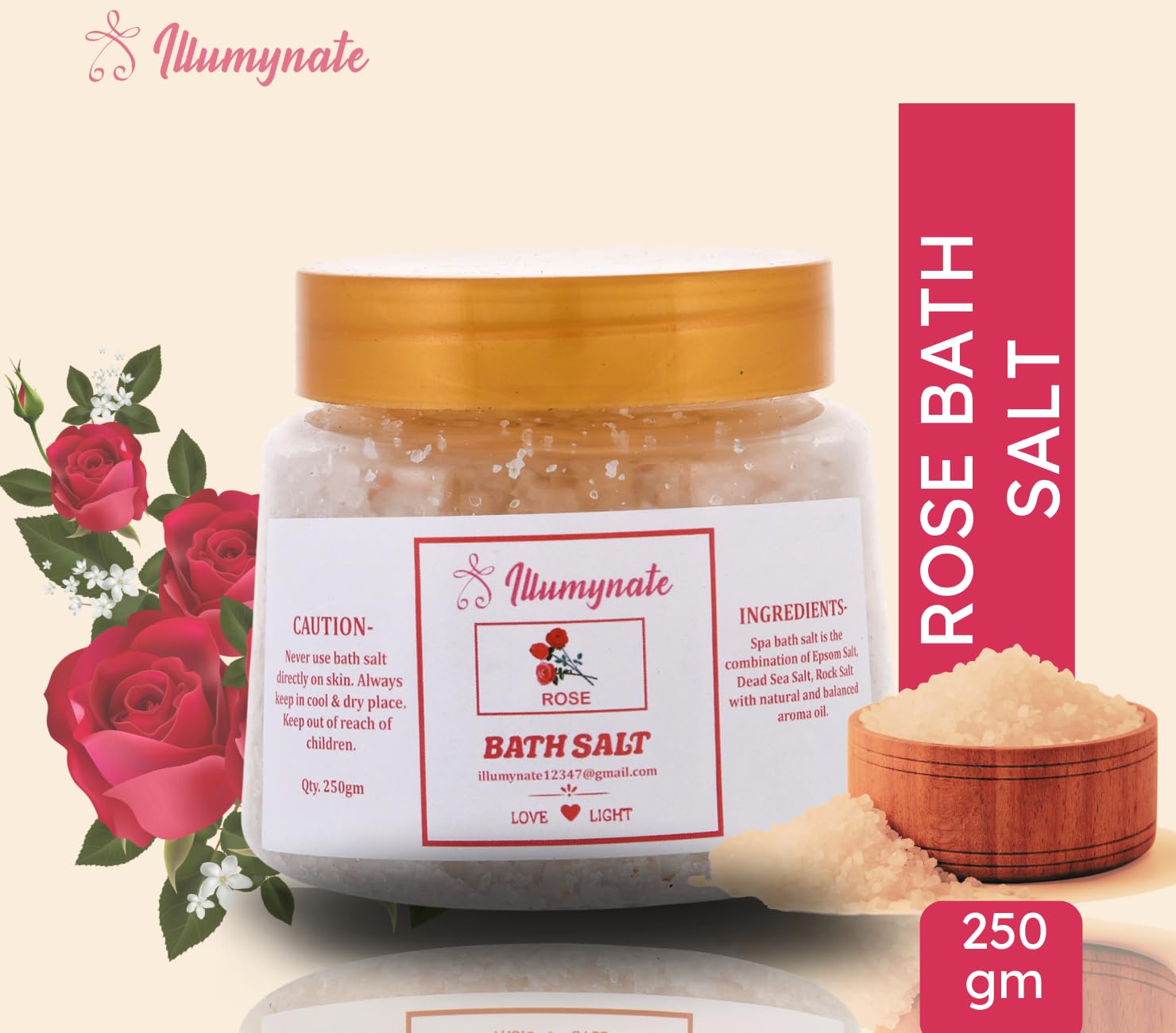 Illumynate Rose Bath Salt for Pain Relief & Relaxation – 100% Pure & Natural Body Soak for Men & Women – Moisturizing Skin Care – 250g (Pack of 2) – Perfect for Stress Relief & Spa Nights at Home