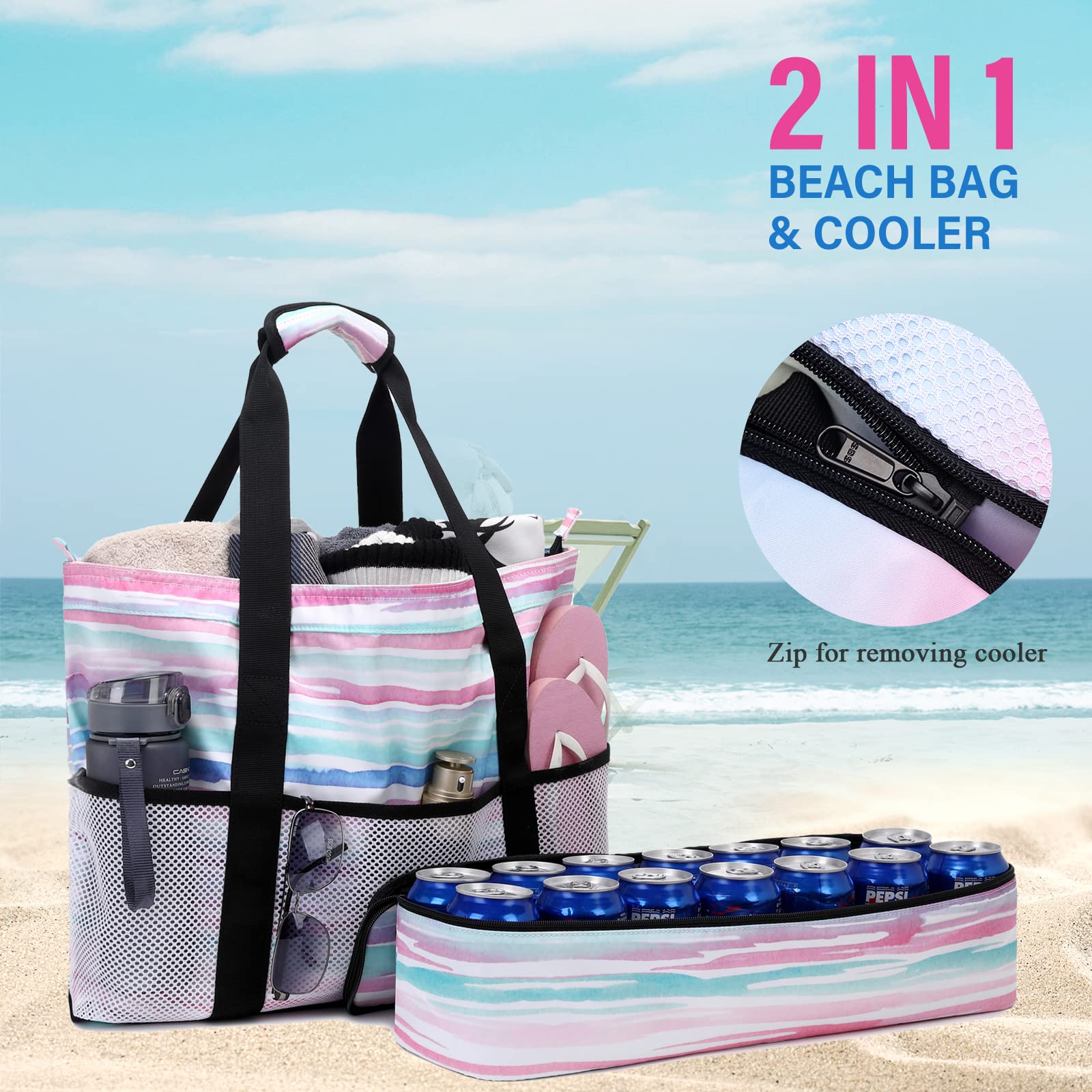 **Octsky Large Waterproof Beach Tote Bag with Cooler & 9 Pockets - Sandproof Zipper Pool Bag for Women - Perfect for Beach Trips, Pool Parties & Outdoor Picnics**