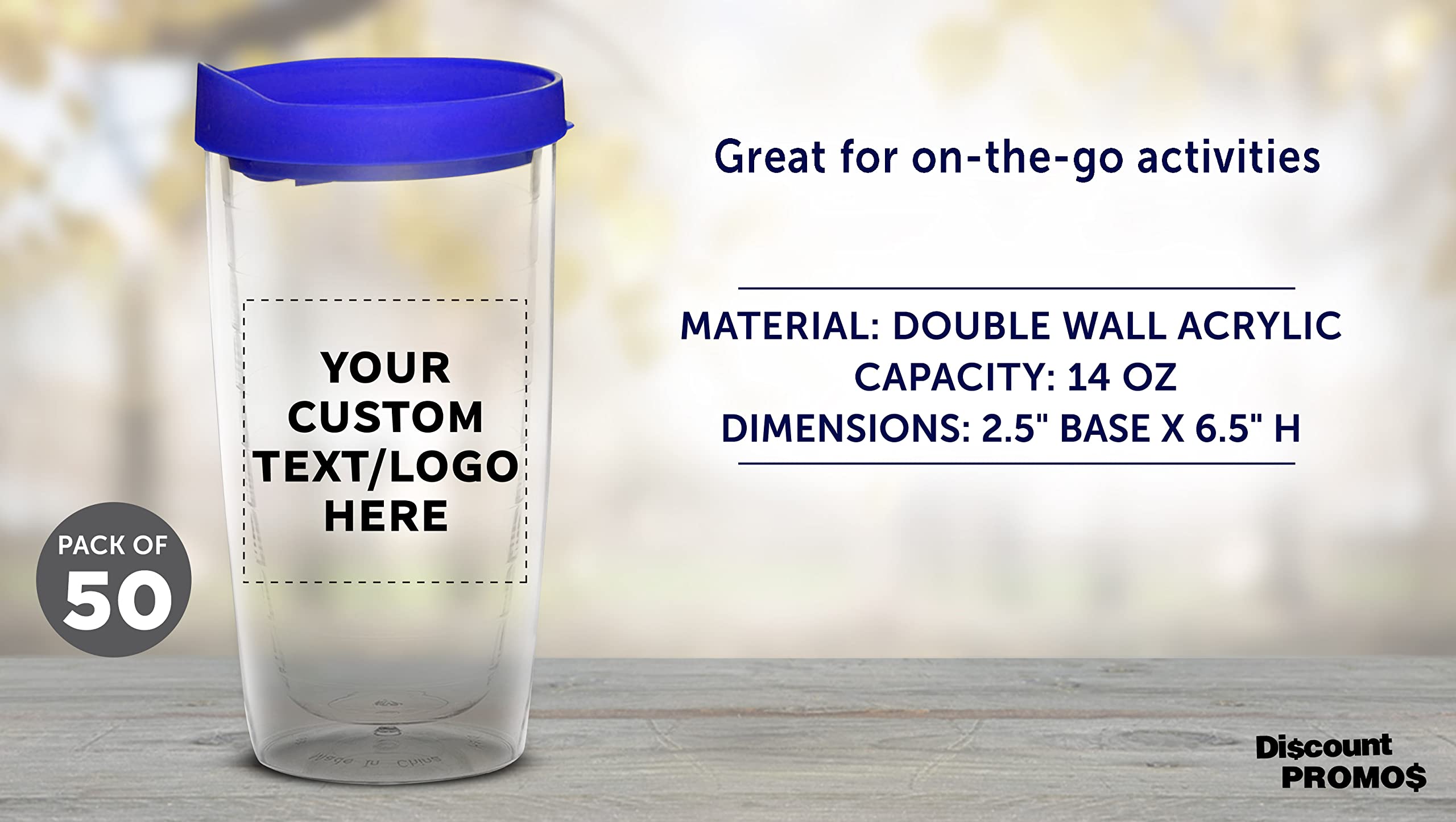 Custom 14 oz Double Wall Plastic Tumblers with Slid-lock Lid - 50 Pack, Personalized Text & Logo - Insulated Travel Coffee Cups for Office, Camping & Outdoor - Blue
