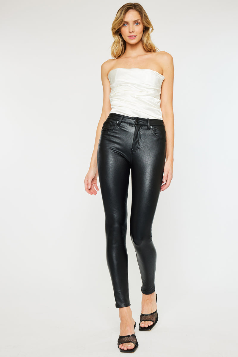 Cherry High Rise Faux Leather Super Skinny Jeans for Women - Stretch Vegan Leather Pants, Trendy Slim Fit Skinny Jeans for Casual Outfits & Night Out