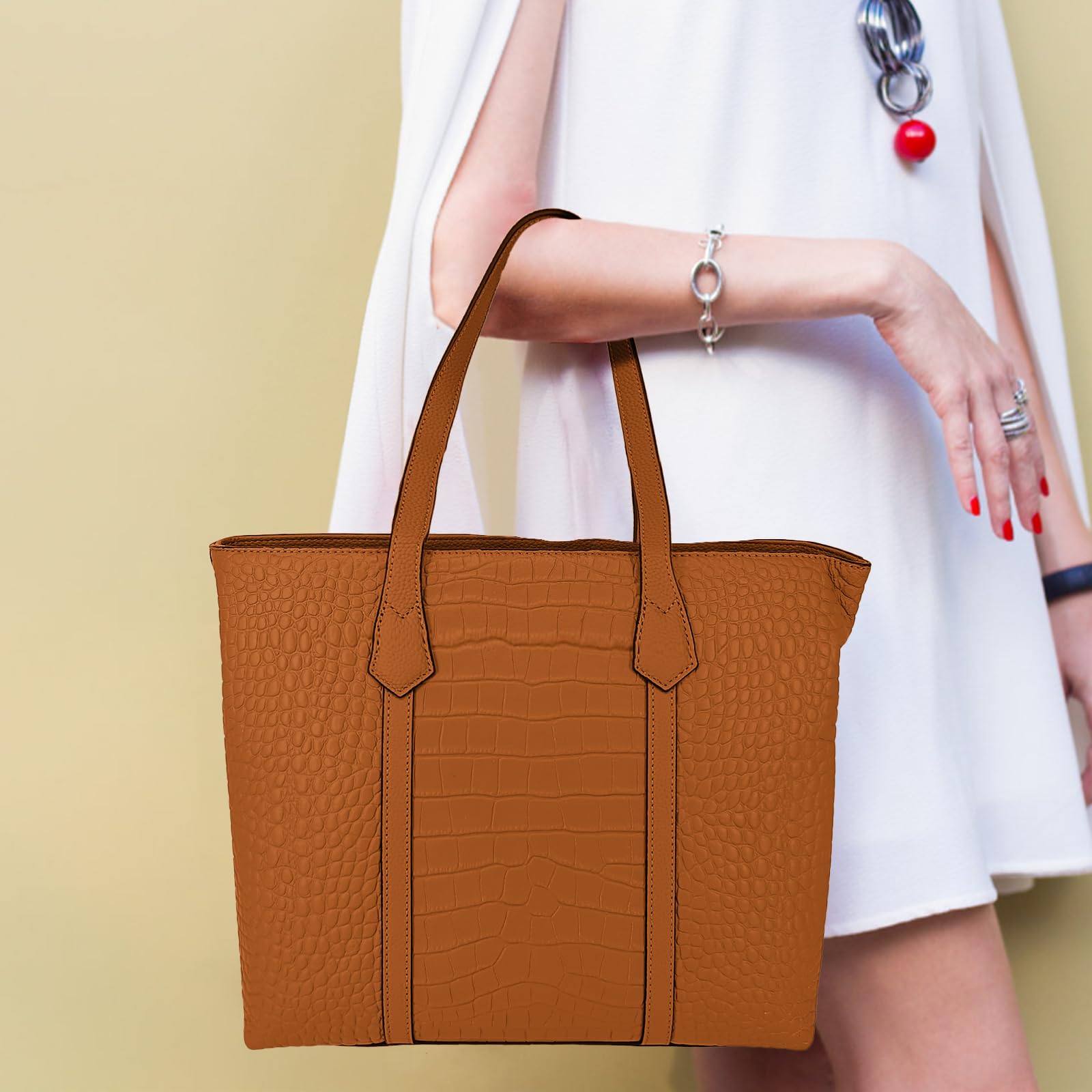 Premium Genuine Leather Tote Bag for Women - Spacious Large Capacity Work & Travel Shoulder Bag - Perfect for Office, Commute & Weekend Getaways