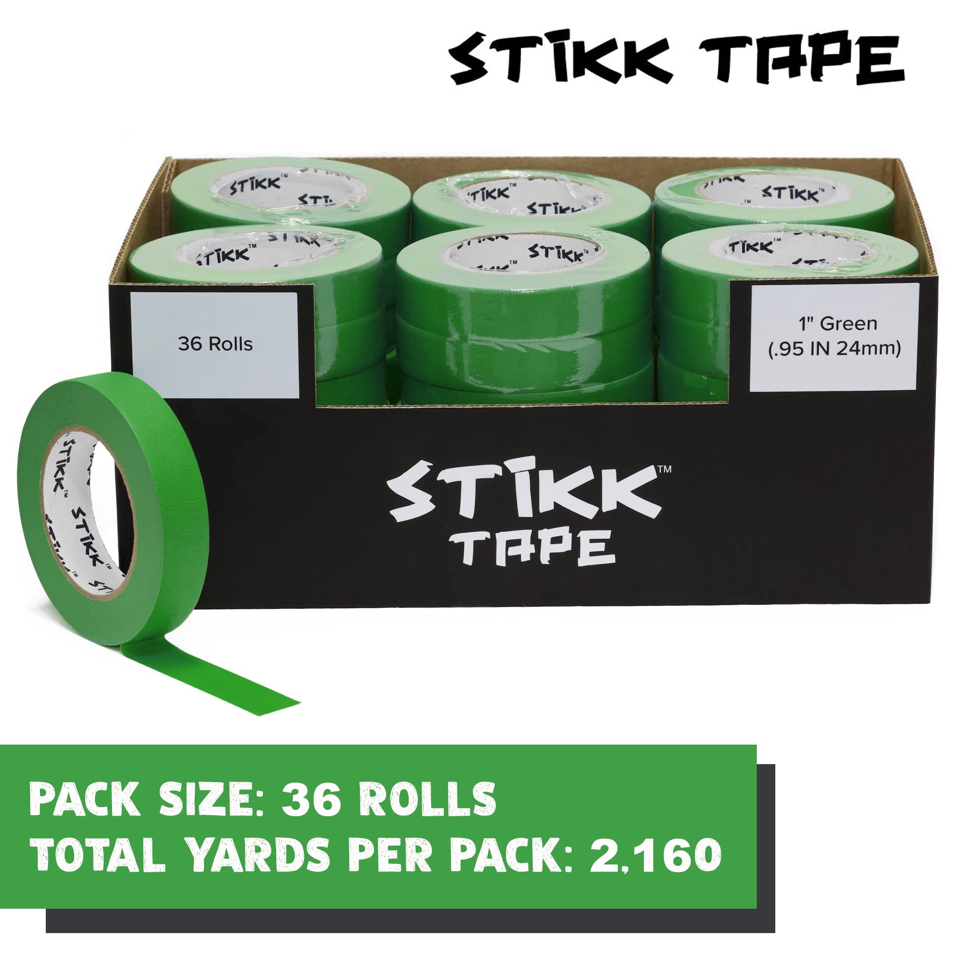 STIKK 1 Inch x 60 Yards Green Painter's Tape - 36 Rolls Bulk Pack - Residue-Free Masking Tape for Painting Walls, Edges, Trim and Ceilings - Perfect for DIY Home Projects, Crafts and Professional Painting Jobs - Ideal for Clean Lines and Sharp Paint Edges in Home Renovation, Furniture Painting and Wall Decorating