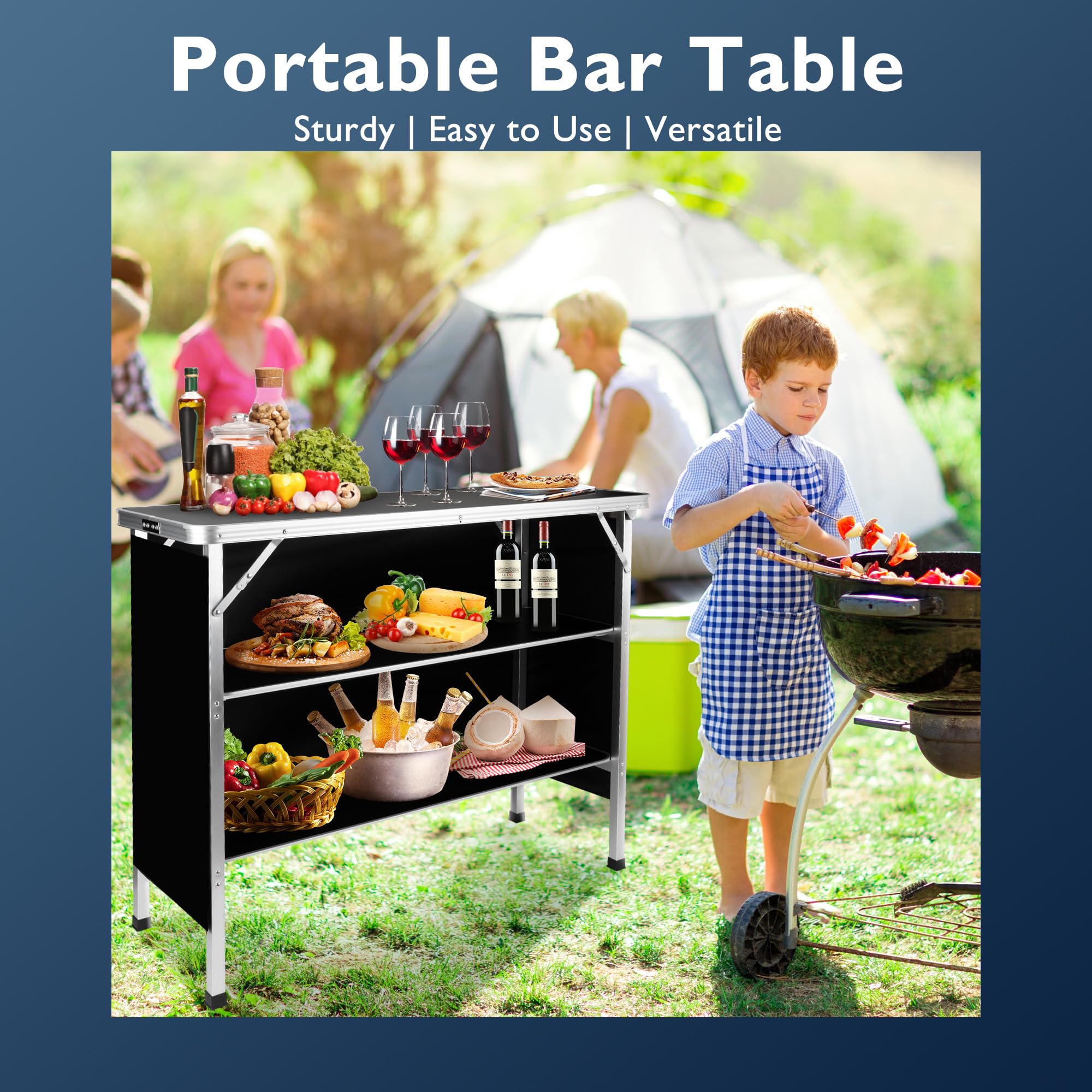 BRILLIHOOD Portable Double Shelves Bar Table with LED Neon Sign - Mobile Bartender Station for Home, Events, Outdoor & Patio Use | Includes Black Skirt & Carry Case | Perfect for Parties, Weddings & Backyard Gatherings