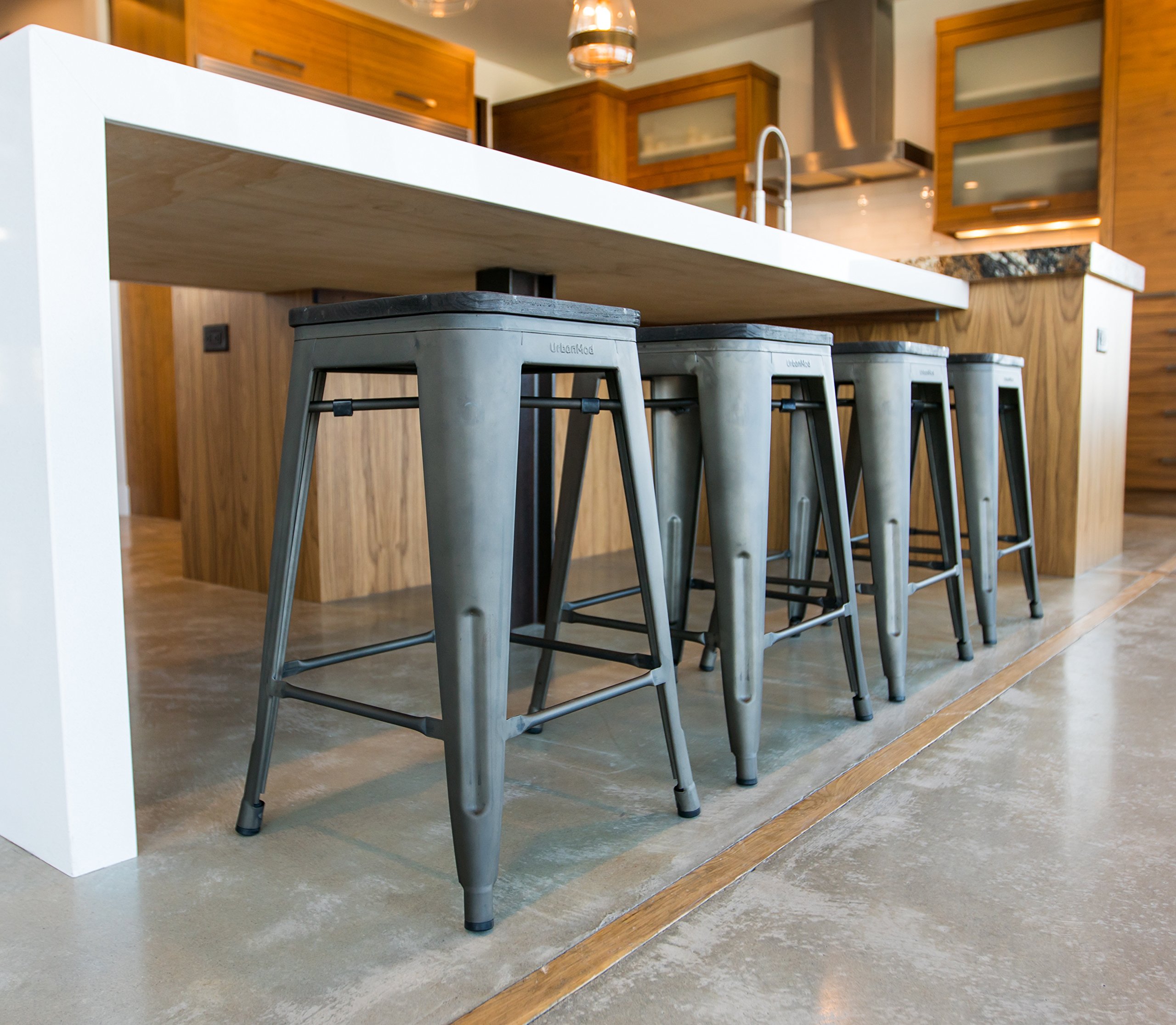 24 Inch Bar Stools for Kitchen Counter Height - Indoor/Outdoor Metal Barstools with Rustic Gunmetal Finish & Wooden Seat - Perfect for Kitchen Islands, Patios, and Home Bars