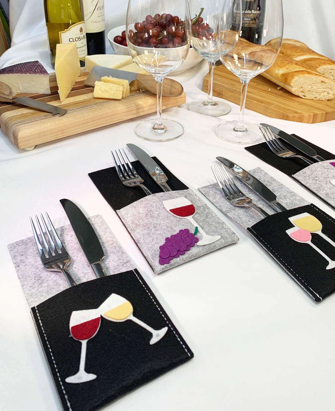 Premium Wine Tasting Party Silverware Holders Set - 8 Pack Durable Colorful Felt Napkin Rings with Wine Bottle, Glass & Grape Designs - Perfect for Entertaining, Book Clubs, Housewarming Gifts & Dinner Parties