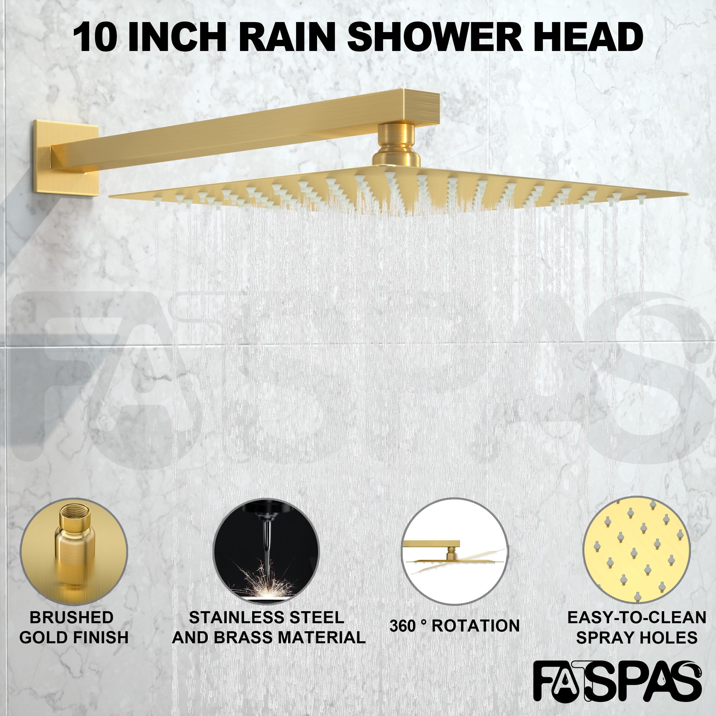 Brushed Gold Shower System with Tub Spout - 10 Inch Rain Shower Head & Handheld Shower Combo - Wall Mounted Bathroom Faucet Set for Luxurious Spa Experience at Home