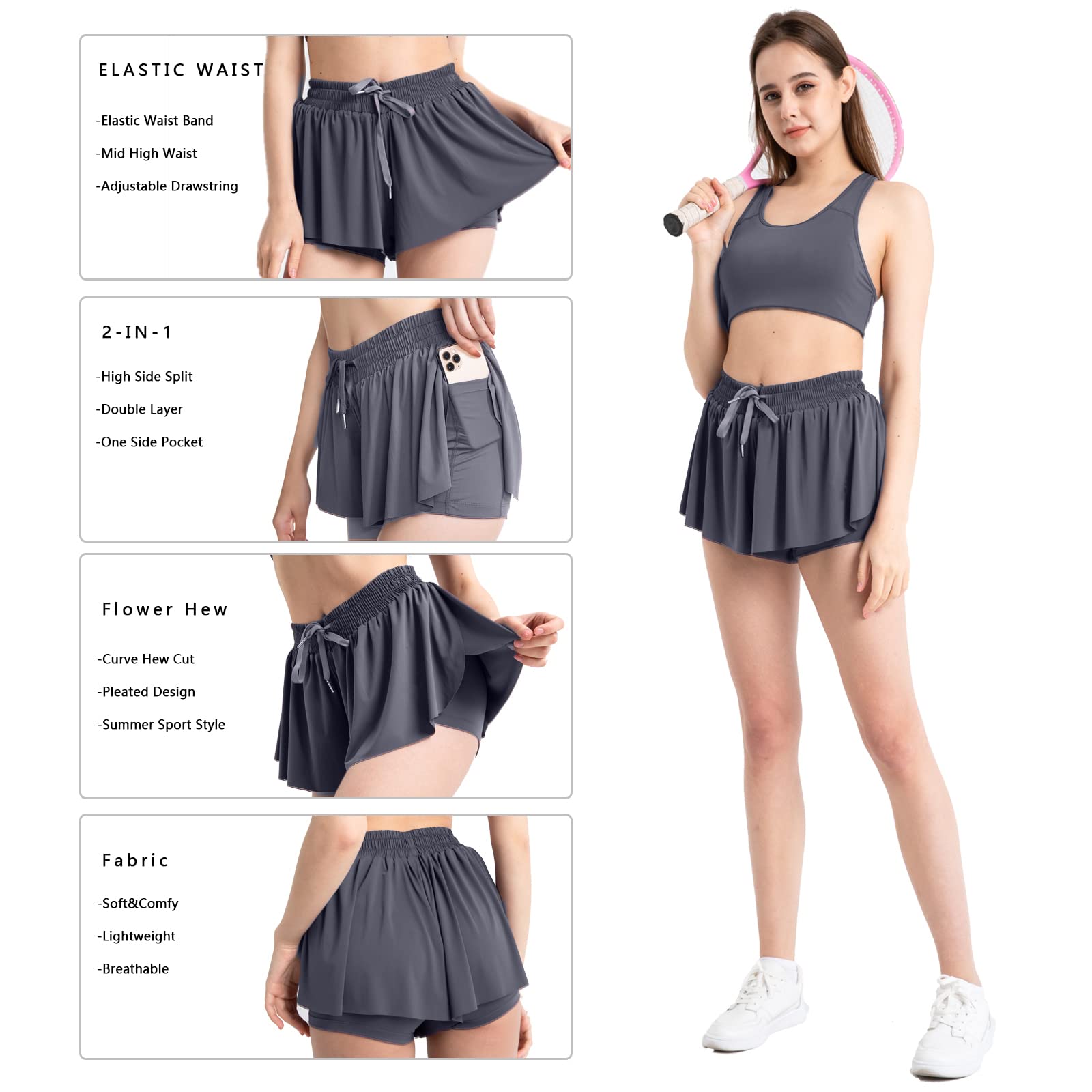 Blostirno 2023 Women's 2-in-1 Athletic Shorts - High Waist Running Yoga Gym Workout Shorts with Drawstring & Pockets | Breathable Summer Skirt for Sports, Travel & Casual Wear
