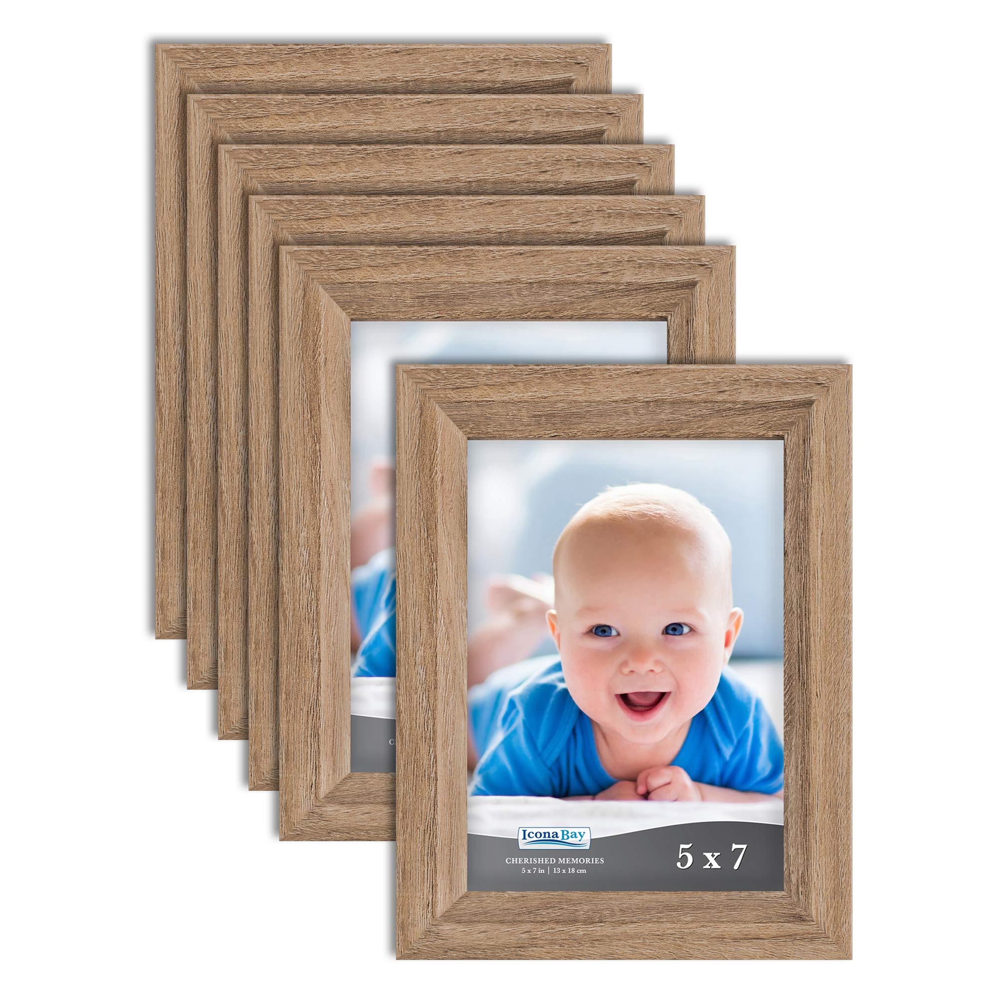 5x7 Picture Frame Set of 6 - Dark Oak Wood Finish Wall & Table Photo Frames - Traditional Style Composite Wood Display for Family Photos, Wedding Pictures & Home Decor - Icona Bay Cherished Memories Collection