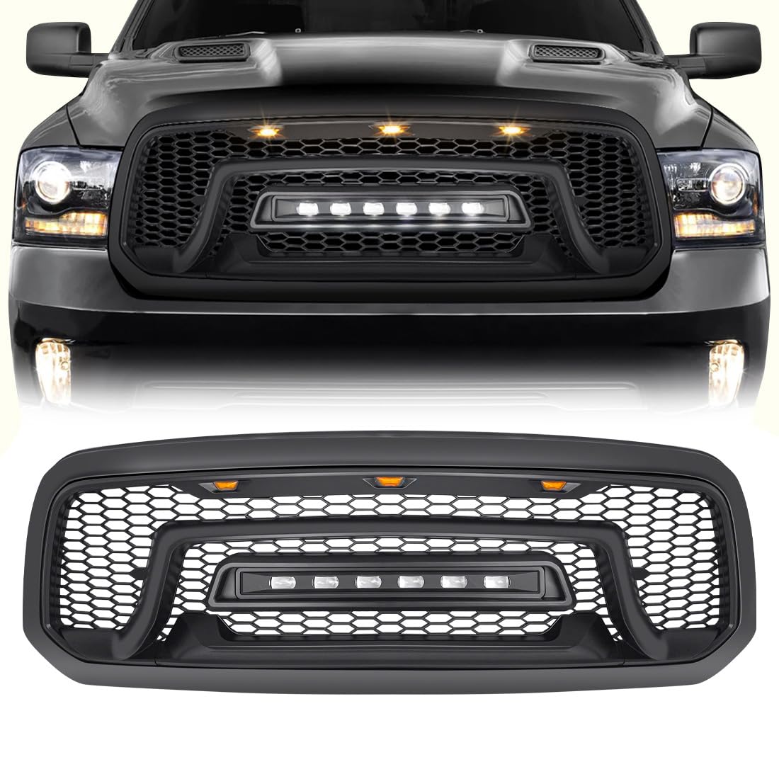 **Matte Black Front Grille for 2013-2023 Dodge Ram 1500 & Ram 1500 Classic | Off-Road Bumper Grill with LED Lights | Perfect for Off-Roading & Truck Customization**