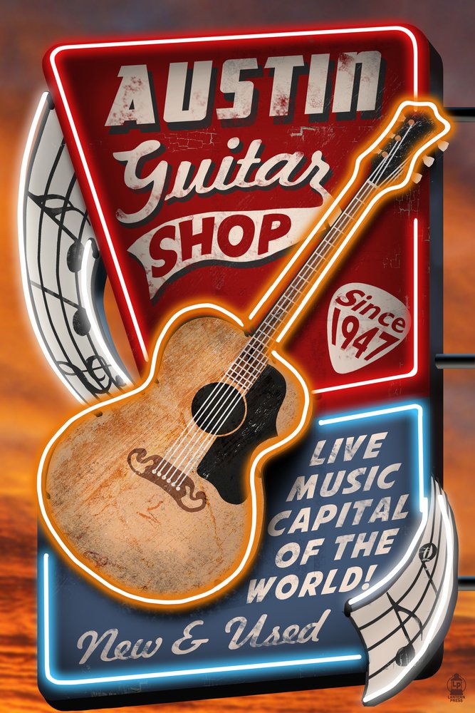 Vintage Austin Texas Guitar Shop Sign - 24x36 Signed Art Print, Wall Decor Poster for Music Lovers & Home Bar Decor