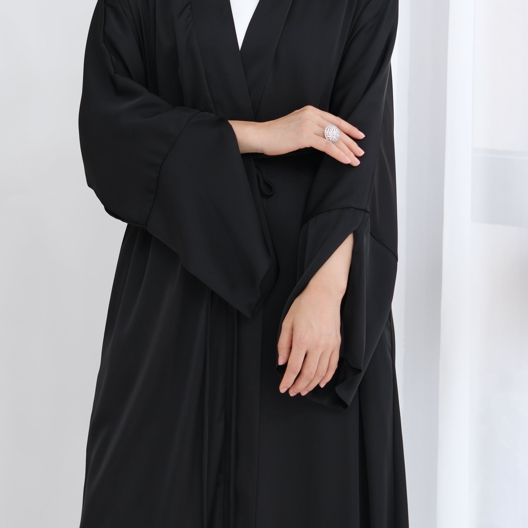 Lavinia Satin Open Abaya Dress for Women - Elegant Muslim Abaya Robe - Black Islamic Prayer Dress for Mosque, Eid & Special Occasions