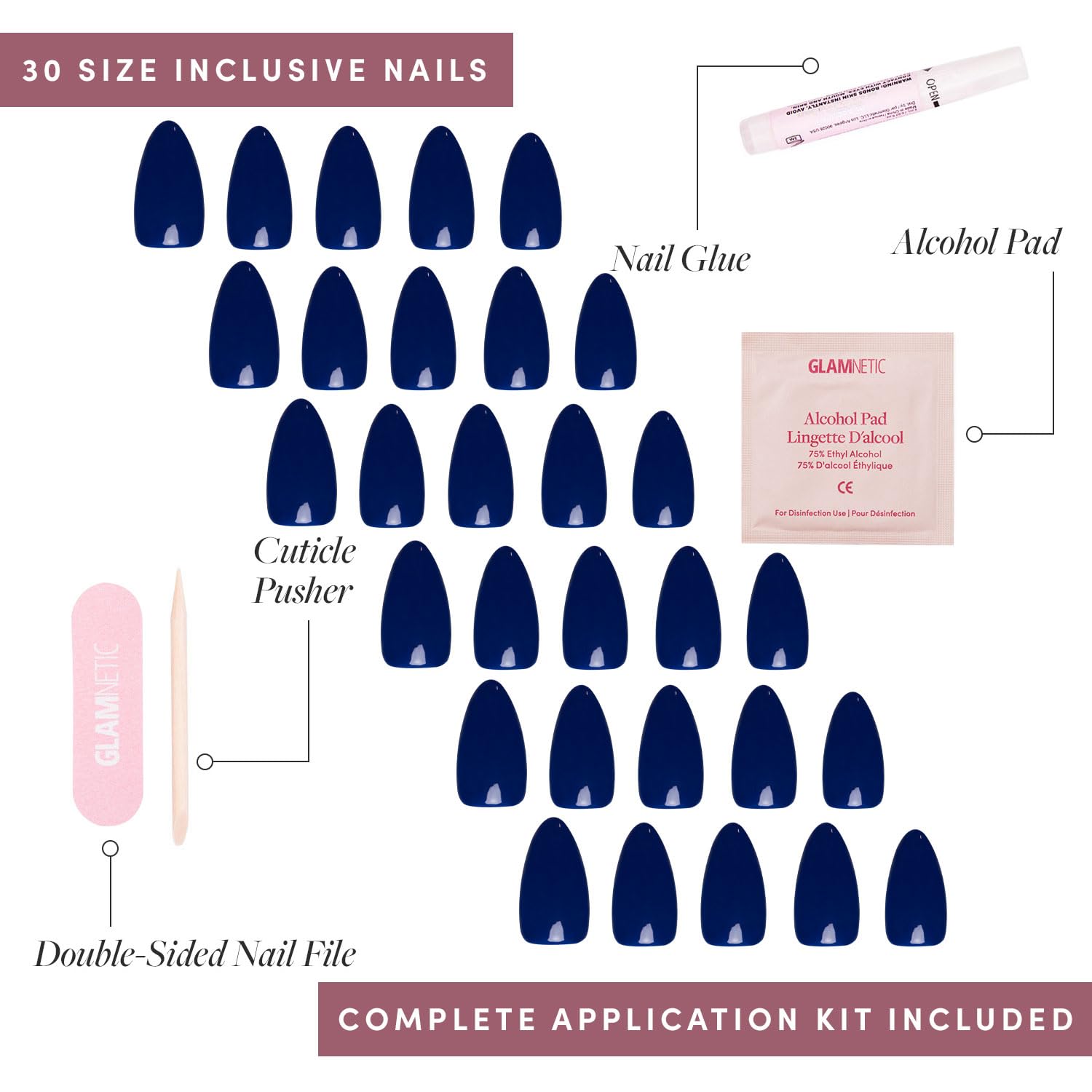 Glamnetic Press On Nails - Midnight Blue | Dark Navy Blue Short Almond Fake Nails, Reusable Stick On Nails with Glue | Salon Quality Manicure | 15 Sizes (30 Nails) | Perfect for Parties, Weddings & Everyday Wear