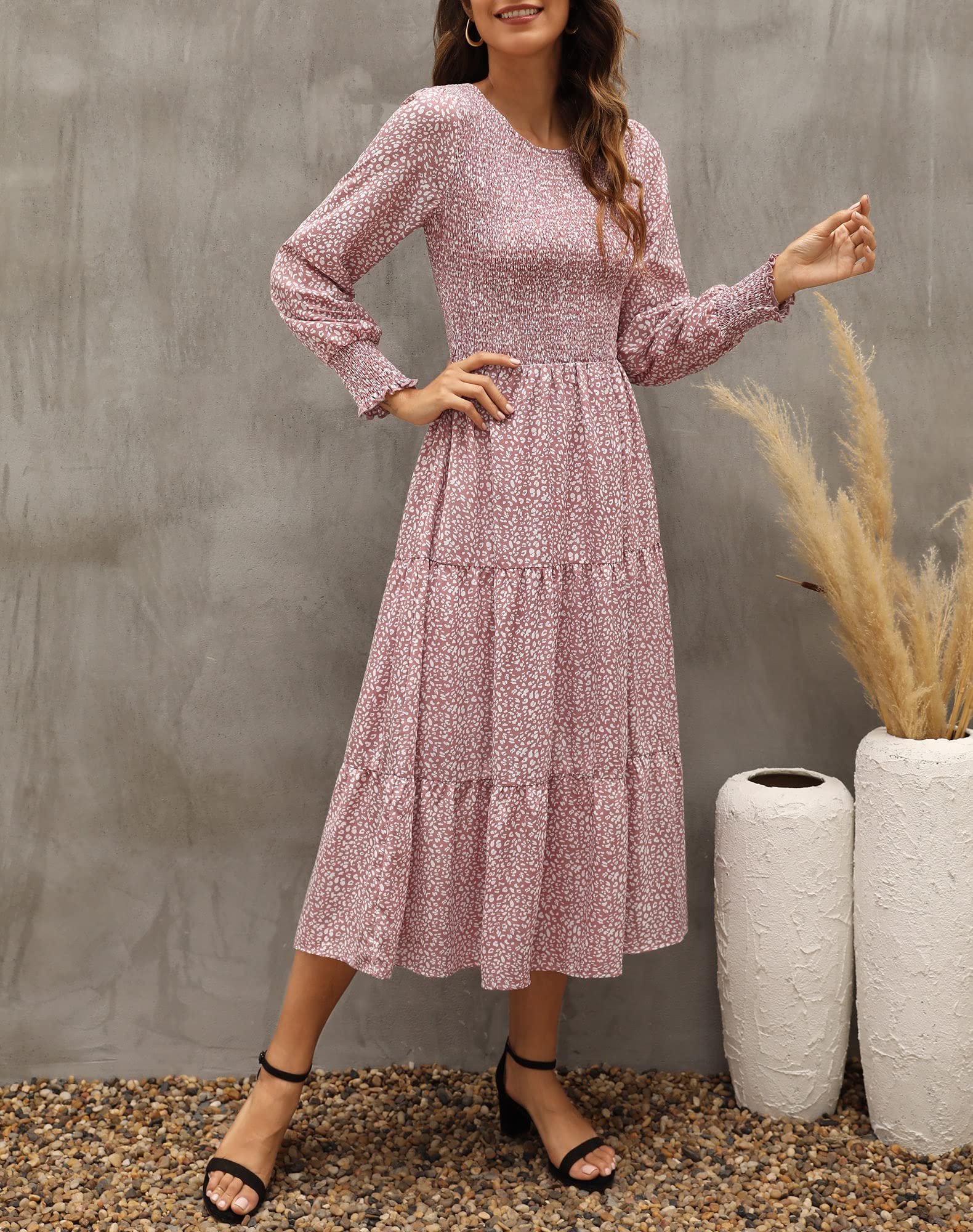 Zattcas Women's Fall Dresses 2025 - Casual Long Sleeve Smocked Boho Floral Tiered Midi Dress with Pockets for Wedding Guest, Party, Date Night & Autumn Outings