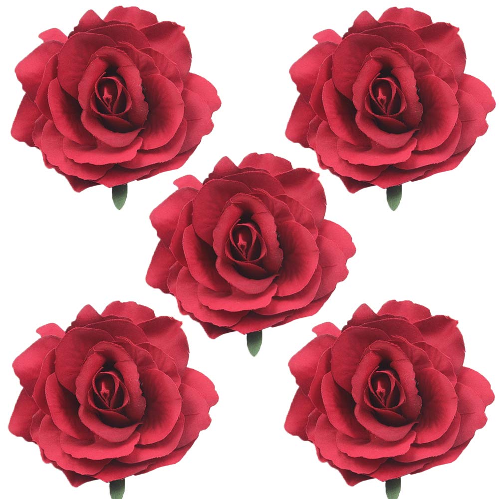 Halloween Rose Hair Clips - 5 Pack Burgundy Red Rose Barrettes for Women | Fashion Hair Accessories for Party, Cosplay, Wedding & Costume | Handmade Floral Hairpins & Brooches for Decoration & Gifts