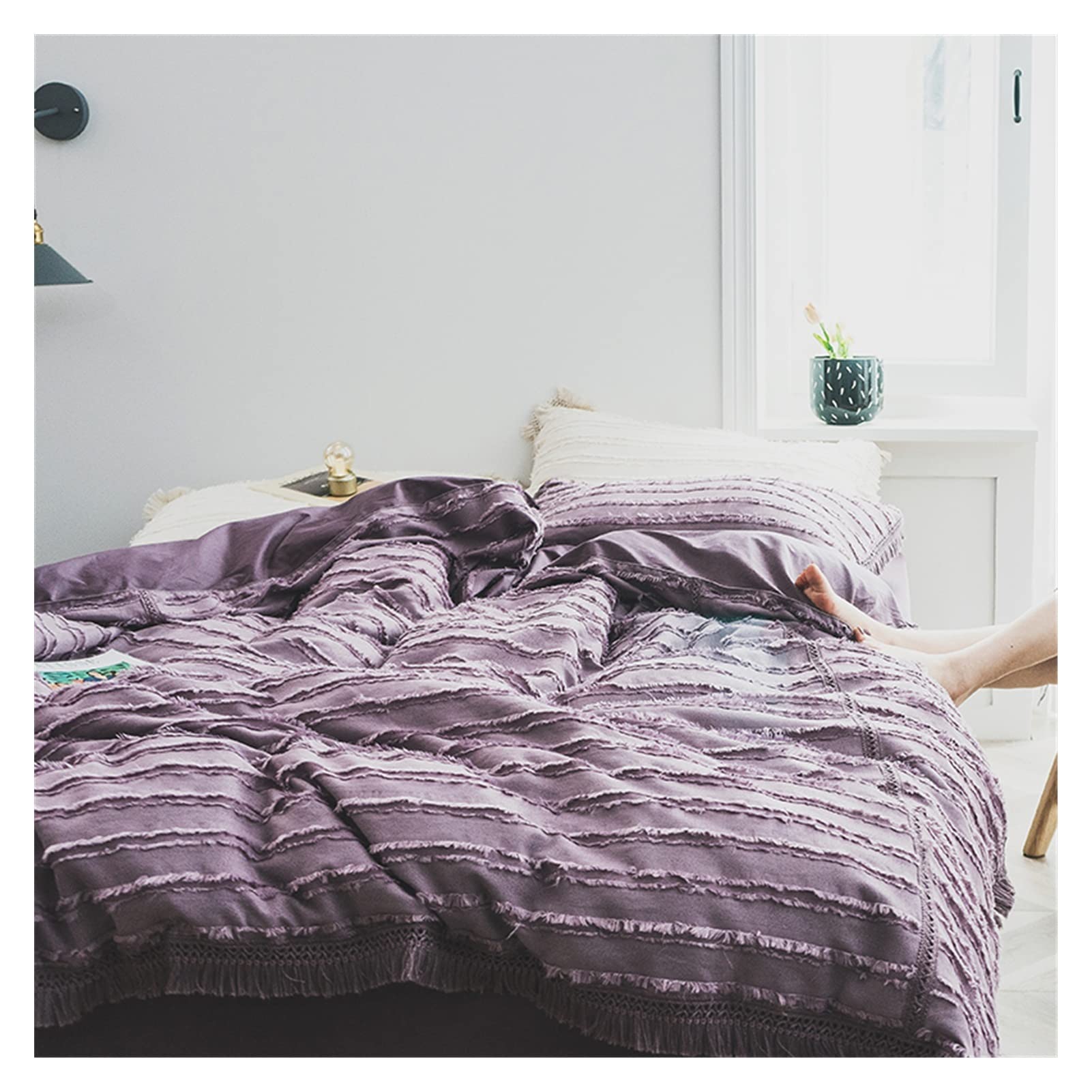 TOMYEUS 4-Piece Duvet Cover Set - Cream Cotton Tassel Bedding Collection | Queen/King Size Luxury Breathable Duvet Cover, Fitted Sheet & 2 Pillowcases | Perfect for Master Bedroom, Guest Room & Vacation Homes