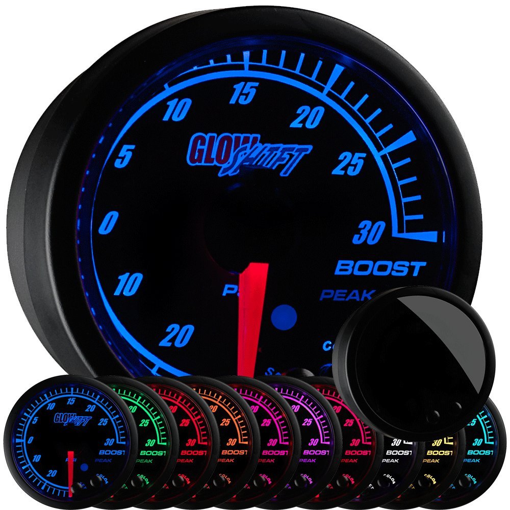 GlowShift Elite 10-Color 30 PSI Boost/Vacuum Gauge Kit with Electronic Pressure Sensor - Black Dial & Tinted Lens - Peak Recall Function - 2-1/16