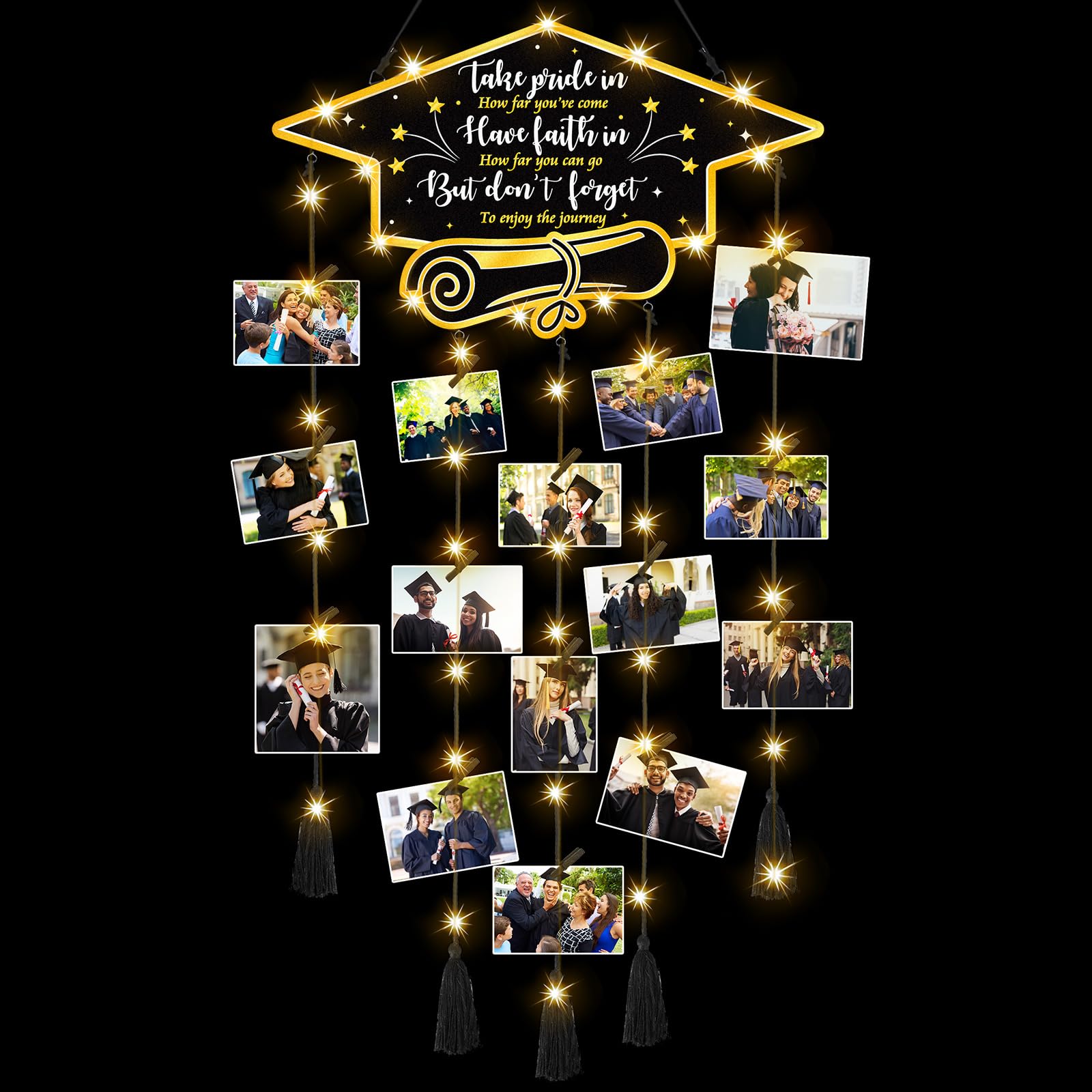 CroBlissful 2024 Graduation Photo Display with 30 Clips & LED Lights - Wooden Hanging Picture Frame for High School & College Graduates - Perfect Graduation Gift for Him & Her - Decorate Dorms, Parties & Memory Walls